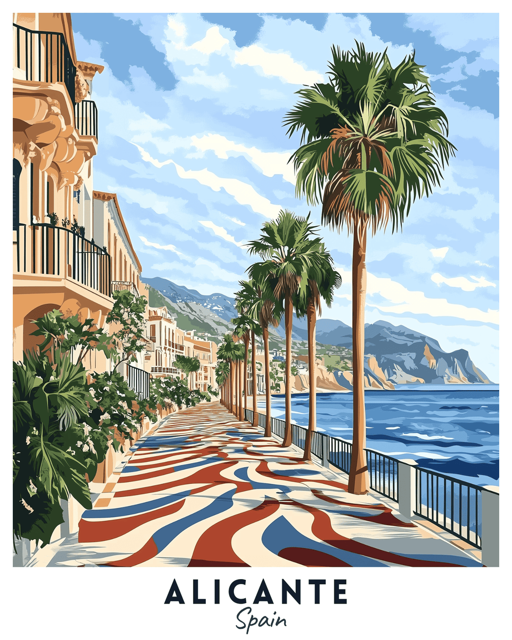 A paint by numbers kit depicting a travel poster of Alicante, with palm trees, a promenade, and the Mediterranean Sea in the background.