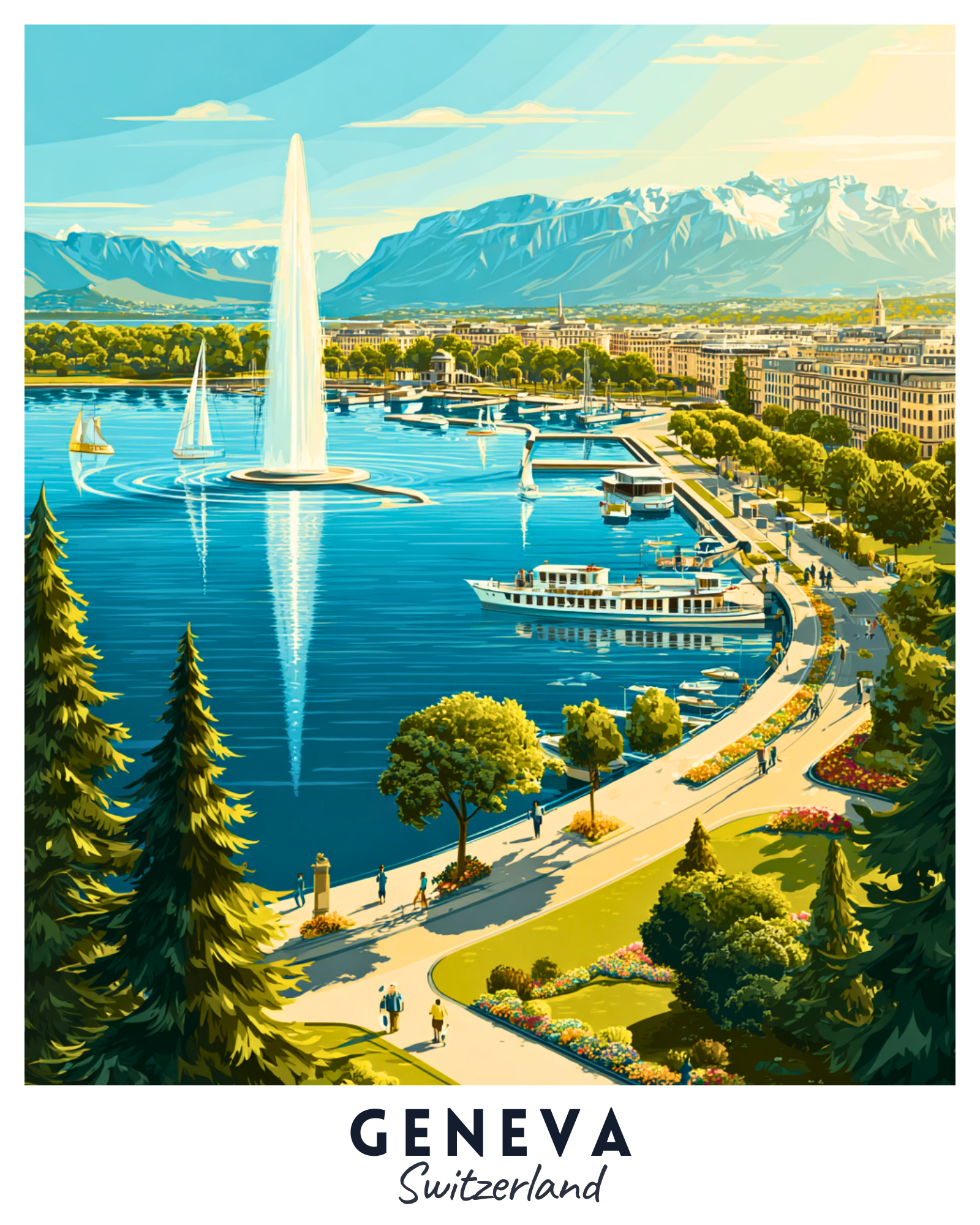 Illustration of Geneva, Switzerland with a lake, fountain, and mountains.