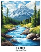 A paint by numbers kit depicting a travel poster image of Banff National Park with mountains, trees, and a clear sky.