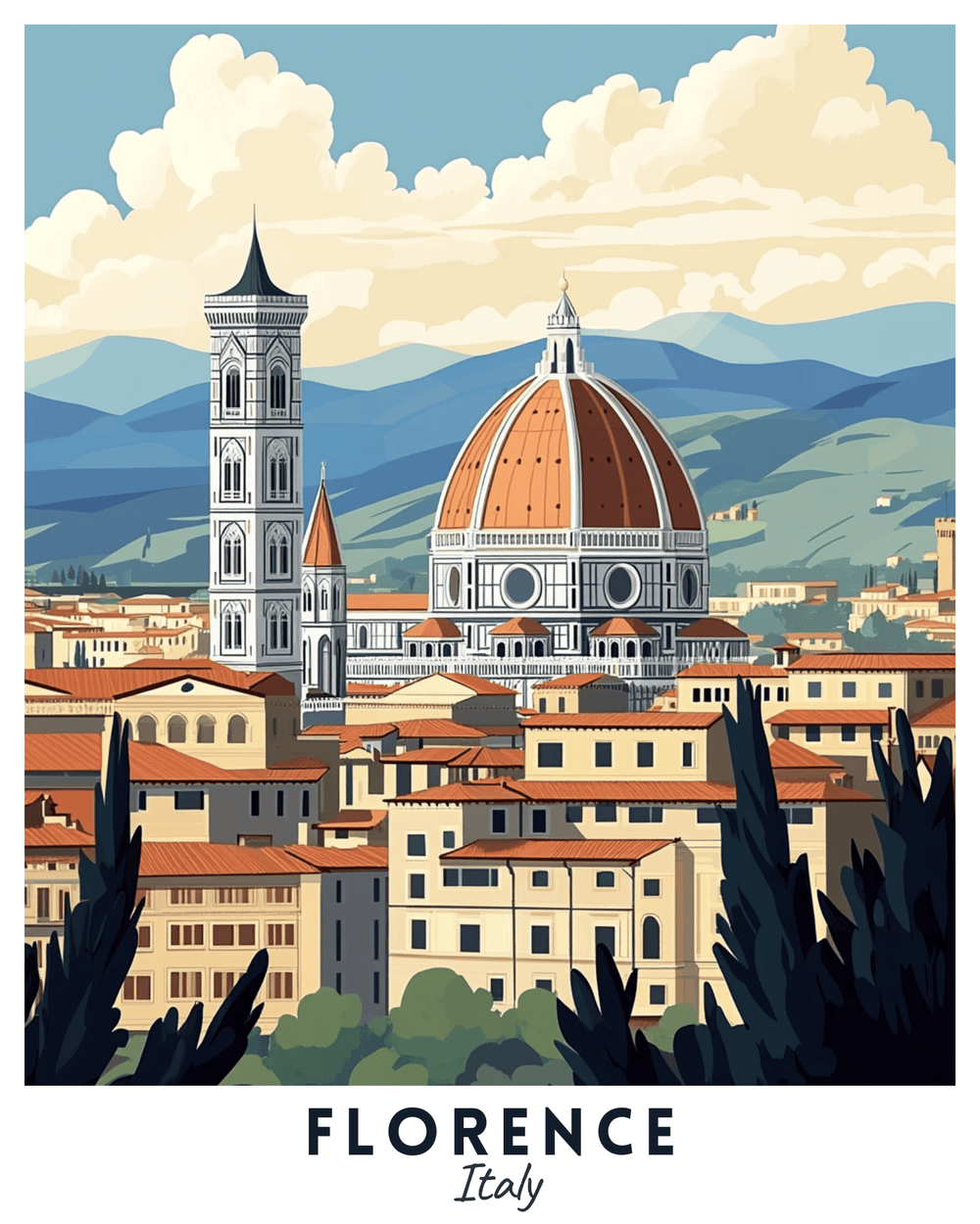 A travel poster depicting the city of Florence, Italy, with the iconic Duomo and Giotto's Campanile, set against a backdrop of mountains and a blue sky. beautiful paint by number on canvas.