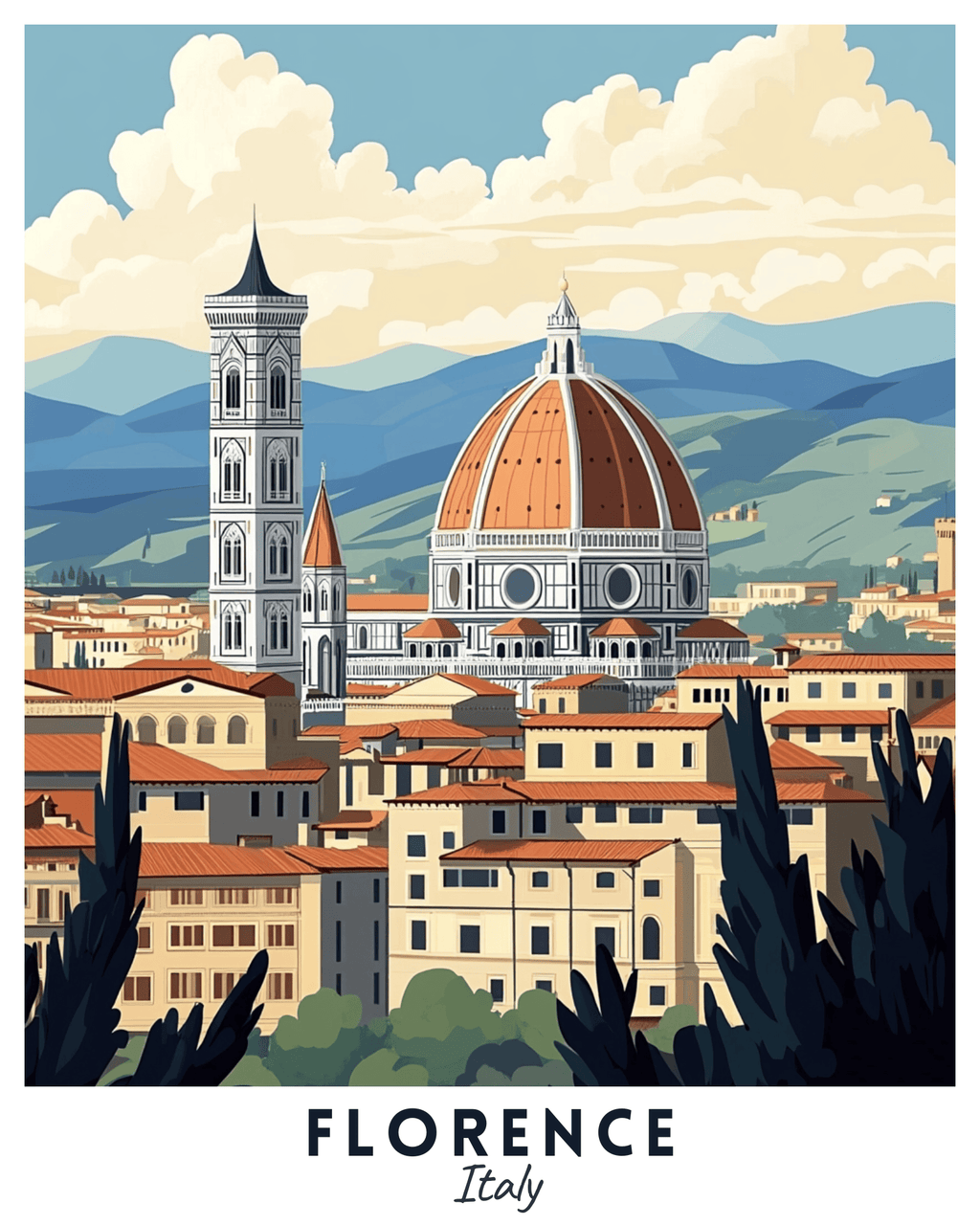 A travel poster depicting the city of Florence, Italy, with the iconic Duomo and Giotto's Campanile, set against a backdrop of mountains and a blue sky. beautiful paint by number on canvas.