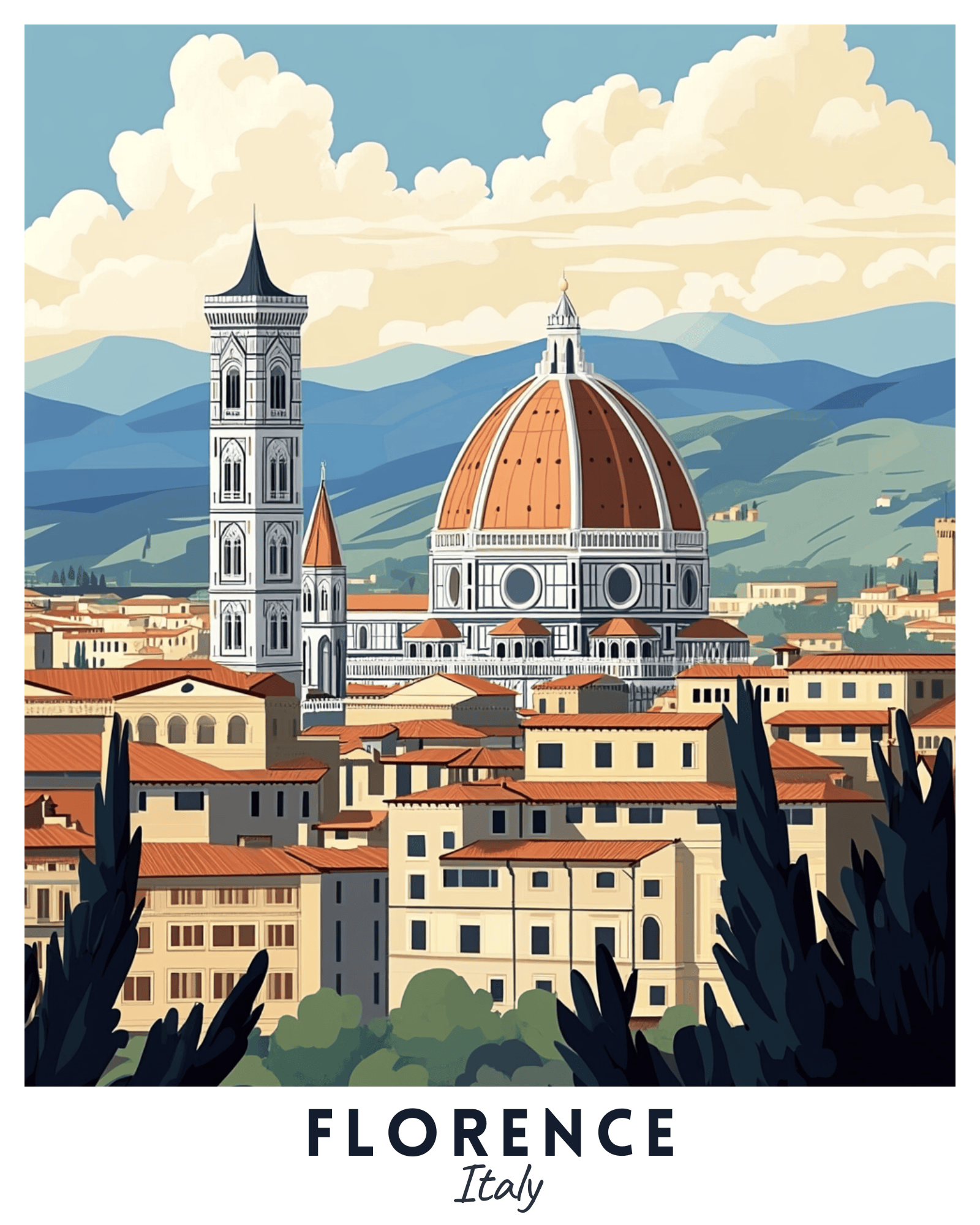 A travel poster depicting the city of Florence, Italy, with the iconic Duomo and Giotto's Campanile, set against a backdrop of mountains and a blue sky. beautiful paint by number on canvas.