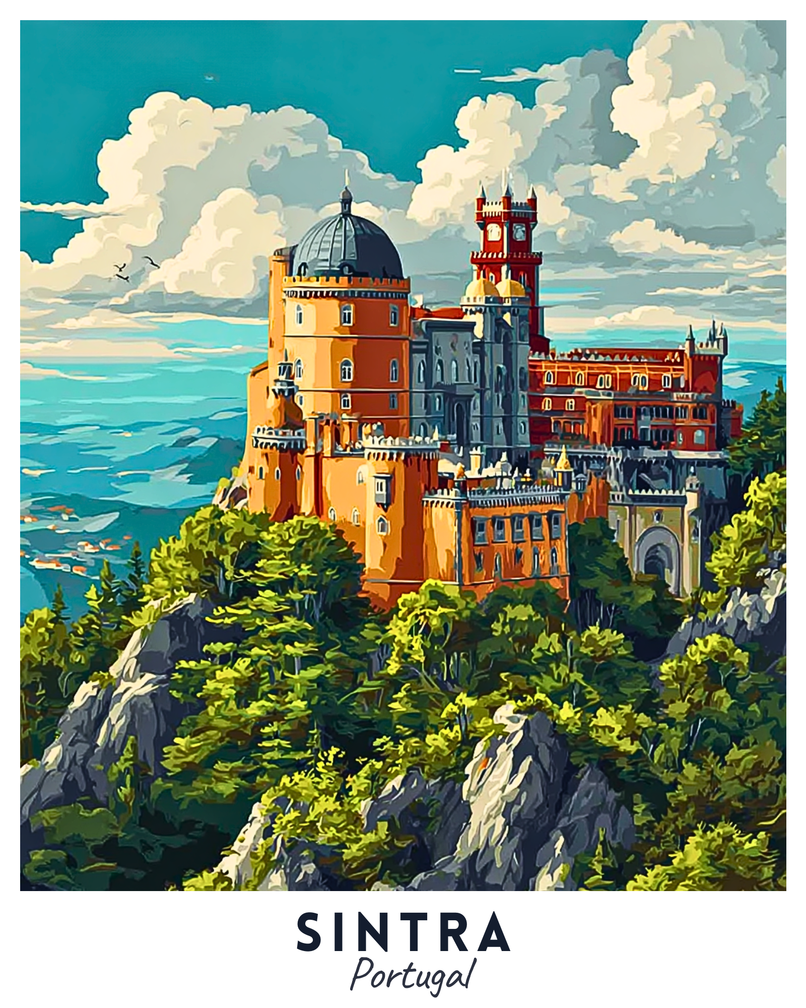 Colorful illustration of Pena Palace in Sintra, Portugal with ocean and sky in the background.