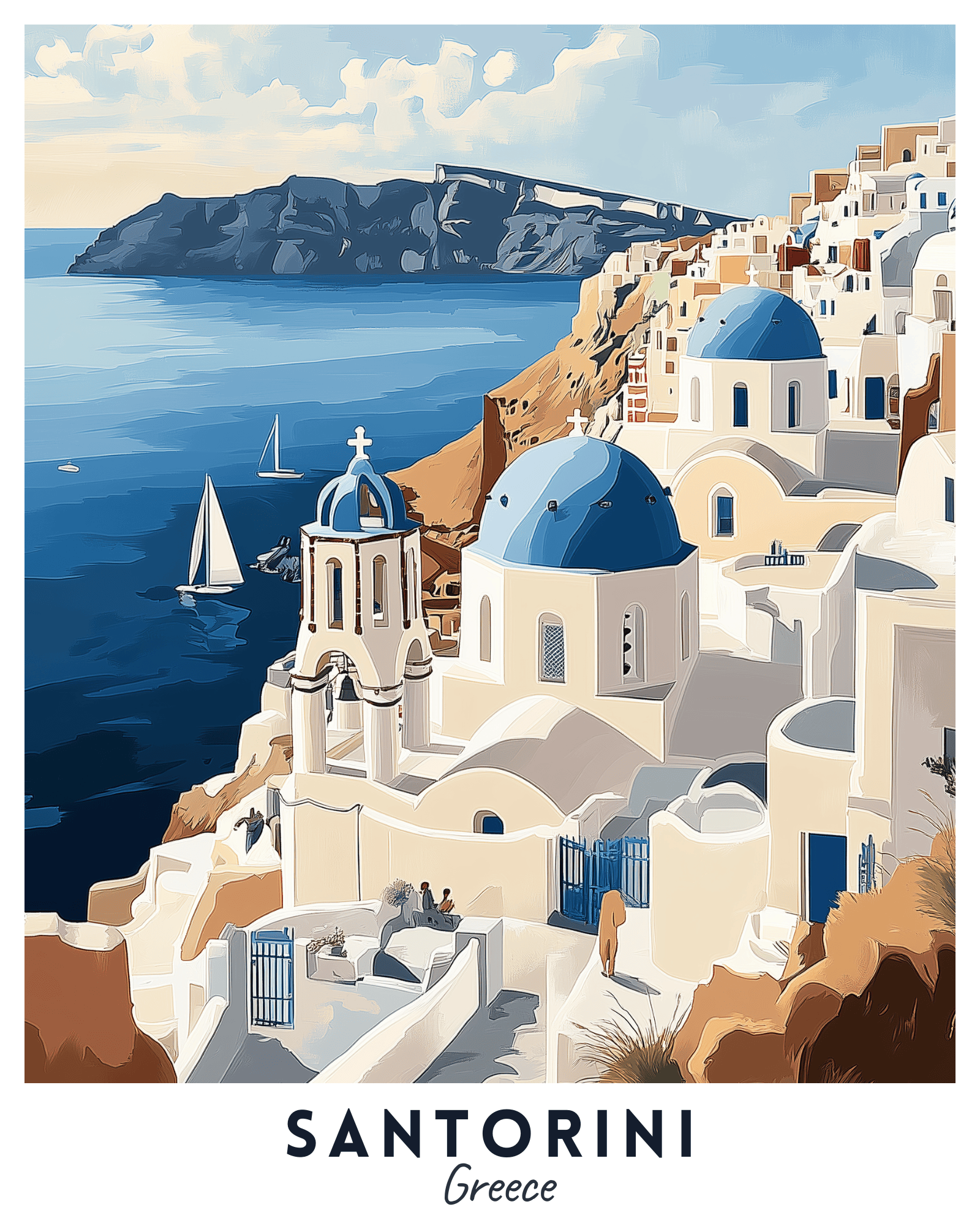 A travel poster depicting the iconic whitewashed buildings and blue domes of Santorini, Greece, with a scenic view of the sea and mountains in the background.