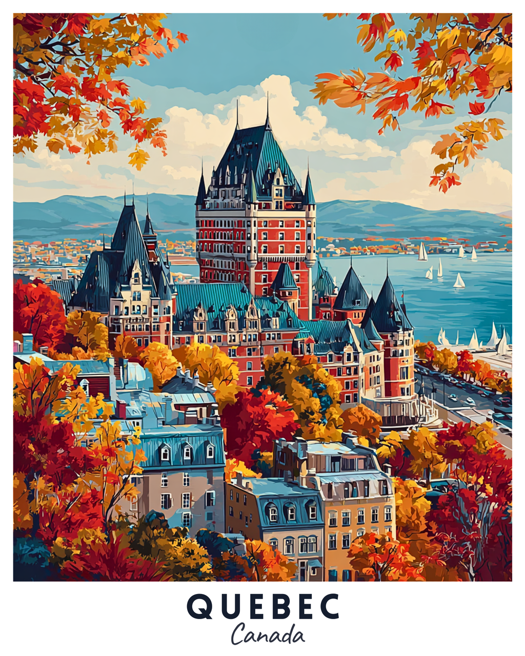 Colorful illustration of a castle in Quebec, Canada with autumn foliage.