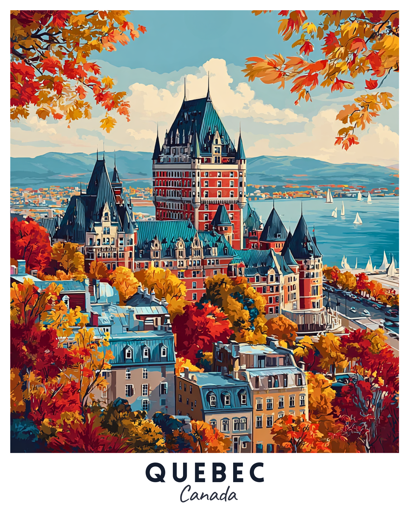 Colorful illustration of a castle in Quebec, Canada with autumn foliage.