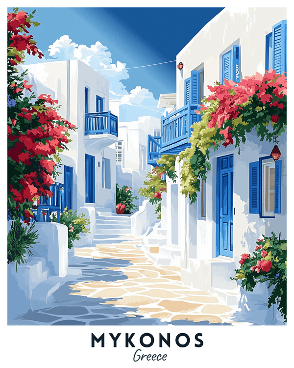 A travel poster depicting a vibrant scene with white buildings, blue accents, and colorful flowers, titled 'MYKONOS Greece'.