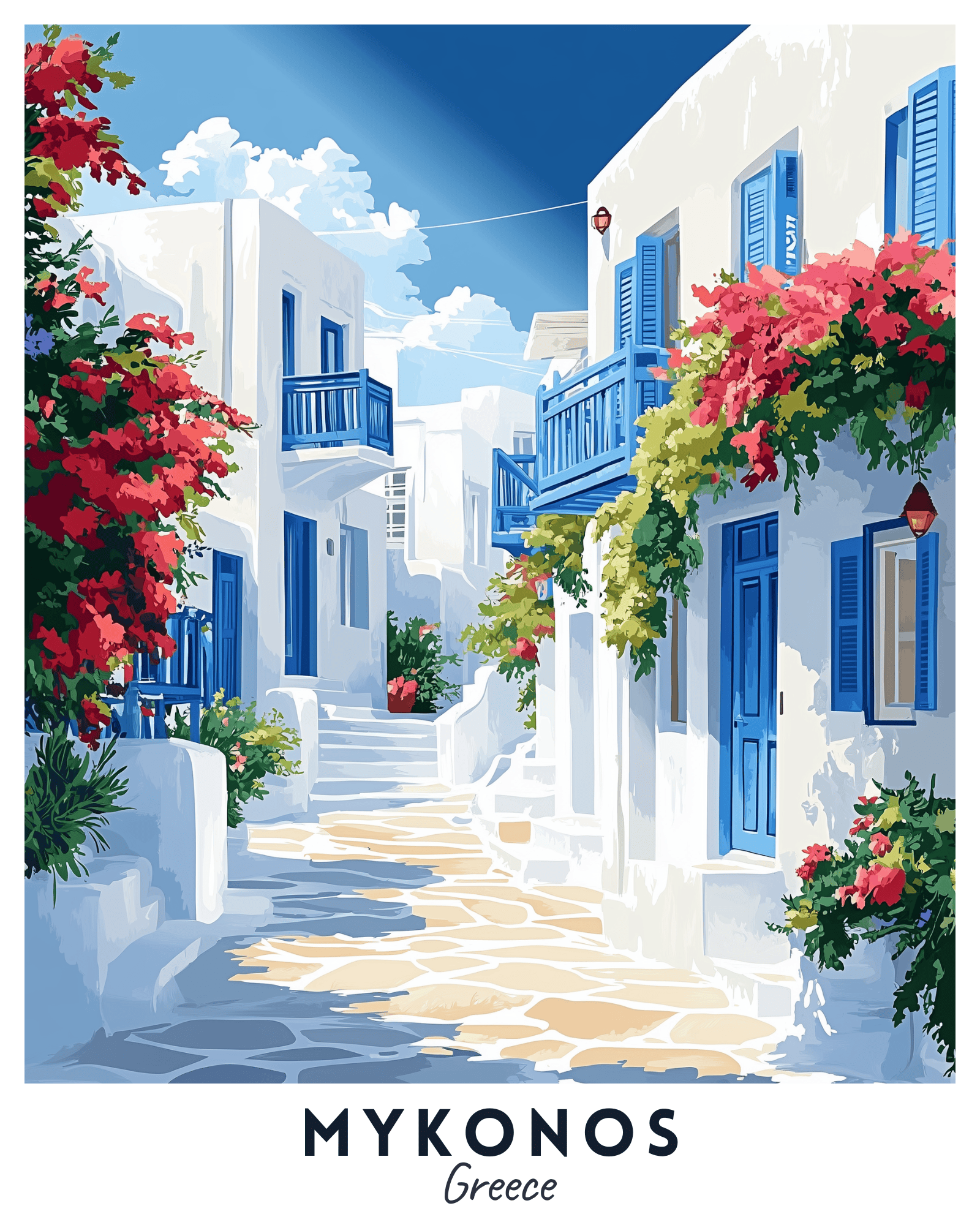 A travel poster depicting a vibrant scene with white buildings, blue accents, and colorful flowers, titled 'MYKONOS Greece'.