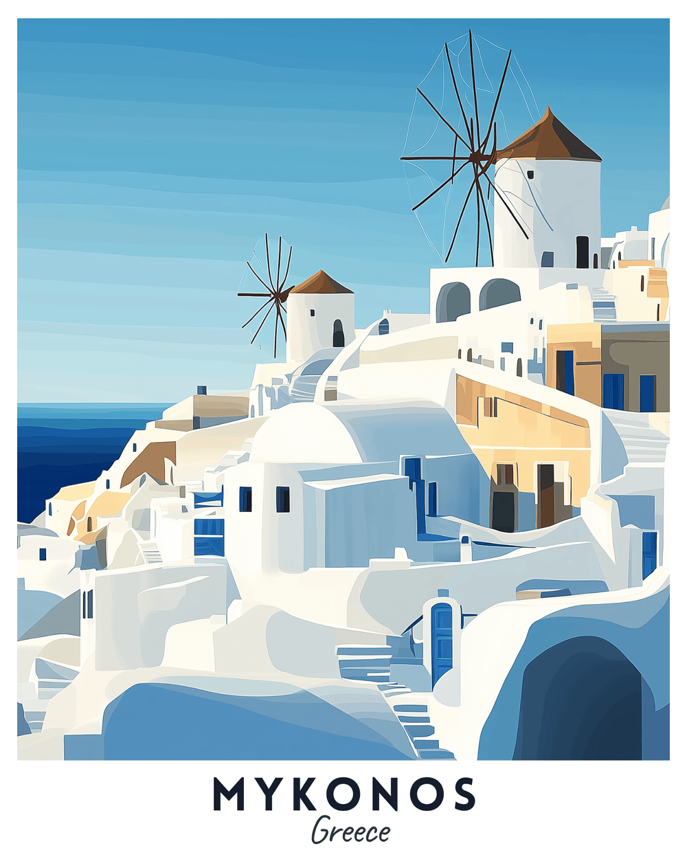 A travel poster depicting the iconic whitewashed buildings and windmills of Mykonos, Greece, in a stylized color print.