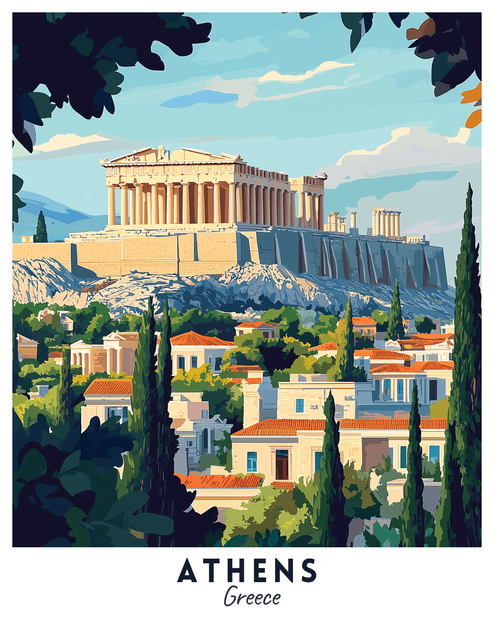 A travel poster depicting the Acropolis in Athens, Greece, with the parthenon prominently displayed, surrounded by a blue sky, green trees, and white buildings.