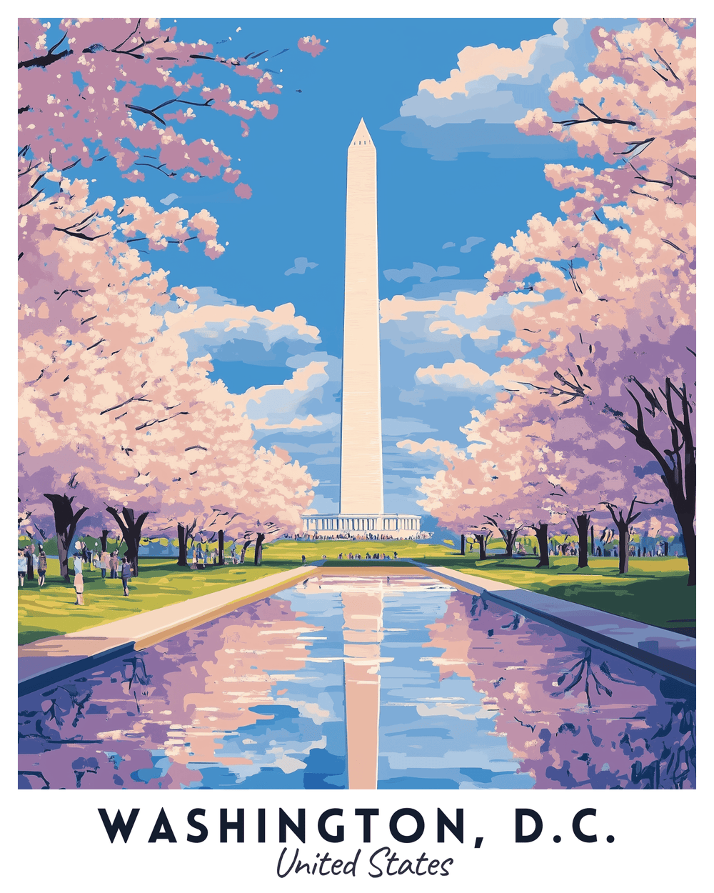 A paint by numbers kit depicting Washington, D.C., with the Washington Monument and cherry blossoms.