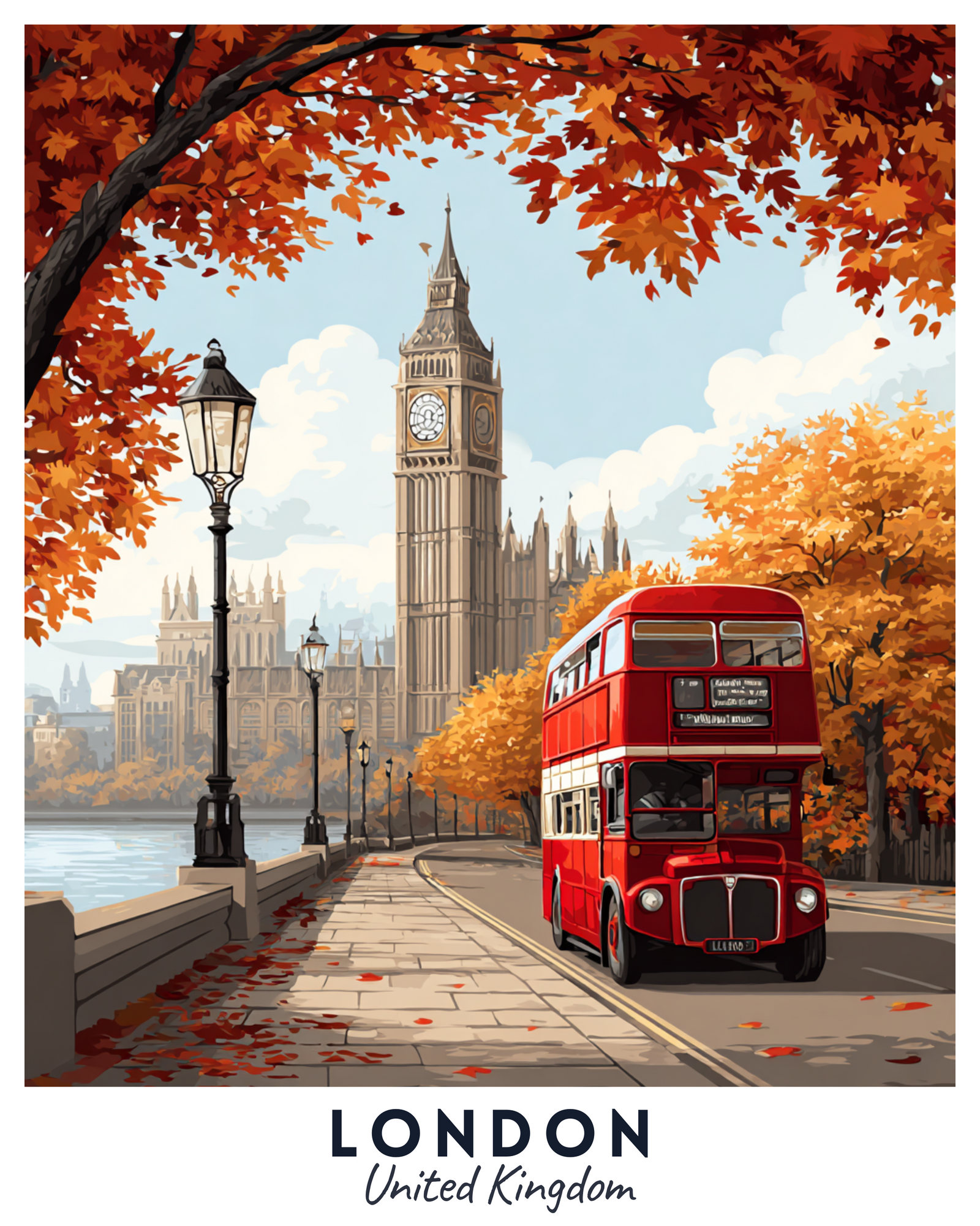 Illustration eines roten Doppeldeckerbusses vor Big Ben mit Herbstlaub.
