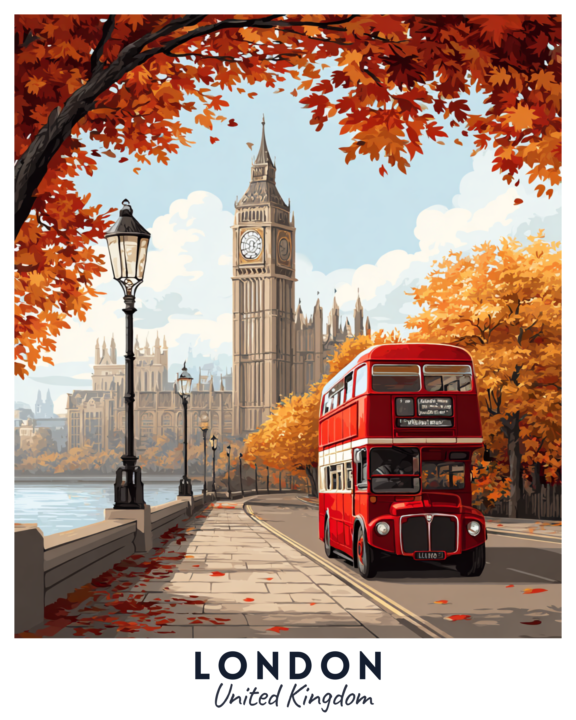 Illustration of a red double-decker bus in front of Big Ben with autumn foliage.