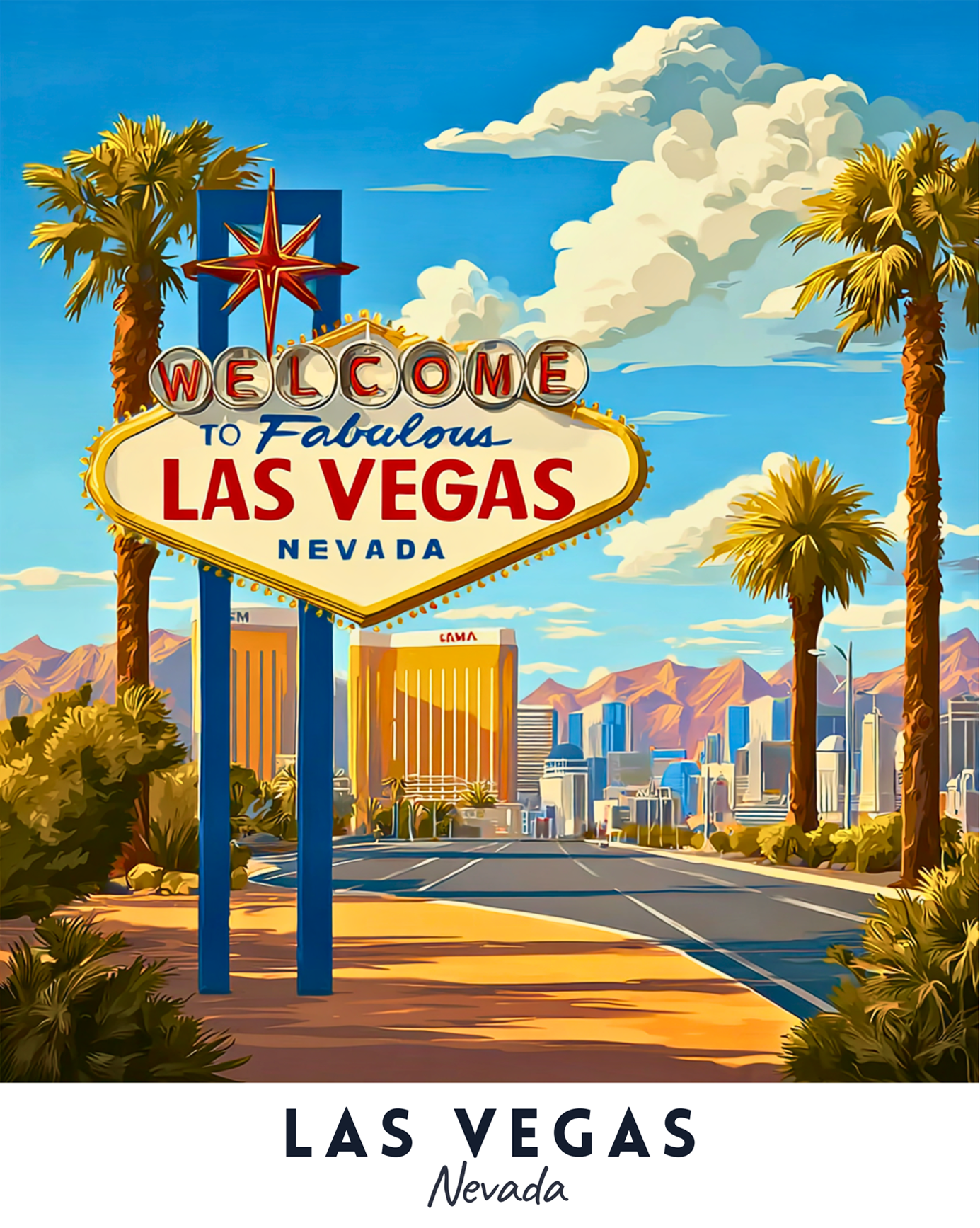 Illustration des Schildes „Welcome to Fabulous Las Vegas Nevada“ mit Palmen und der Skyline der Stadt.