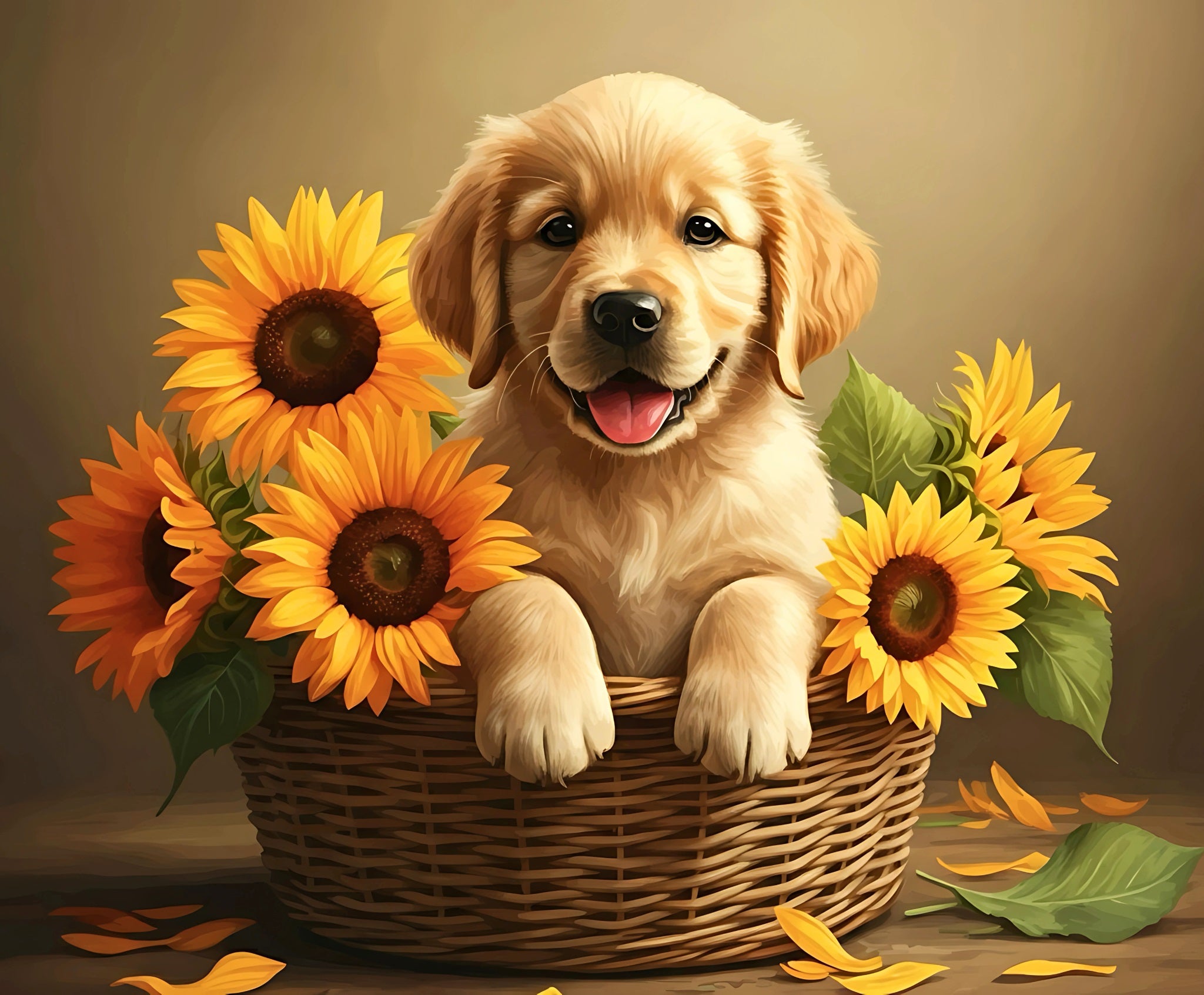 Puppy in a basket with sunflowers on a wooden surface