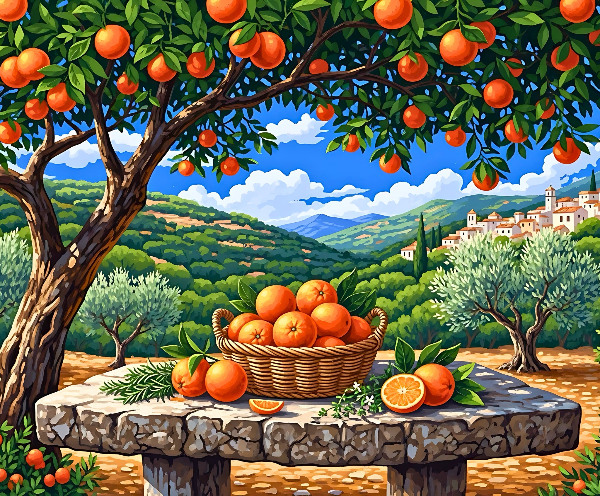 Basket of oranges on a stone table with an orange tree and village in the background