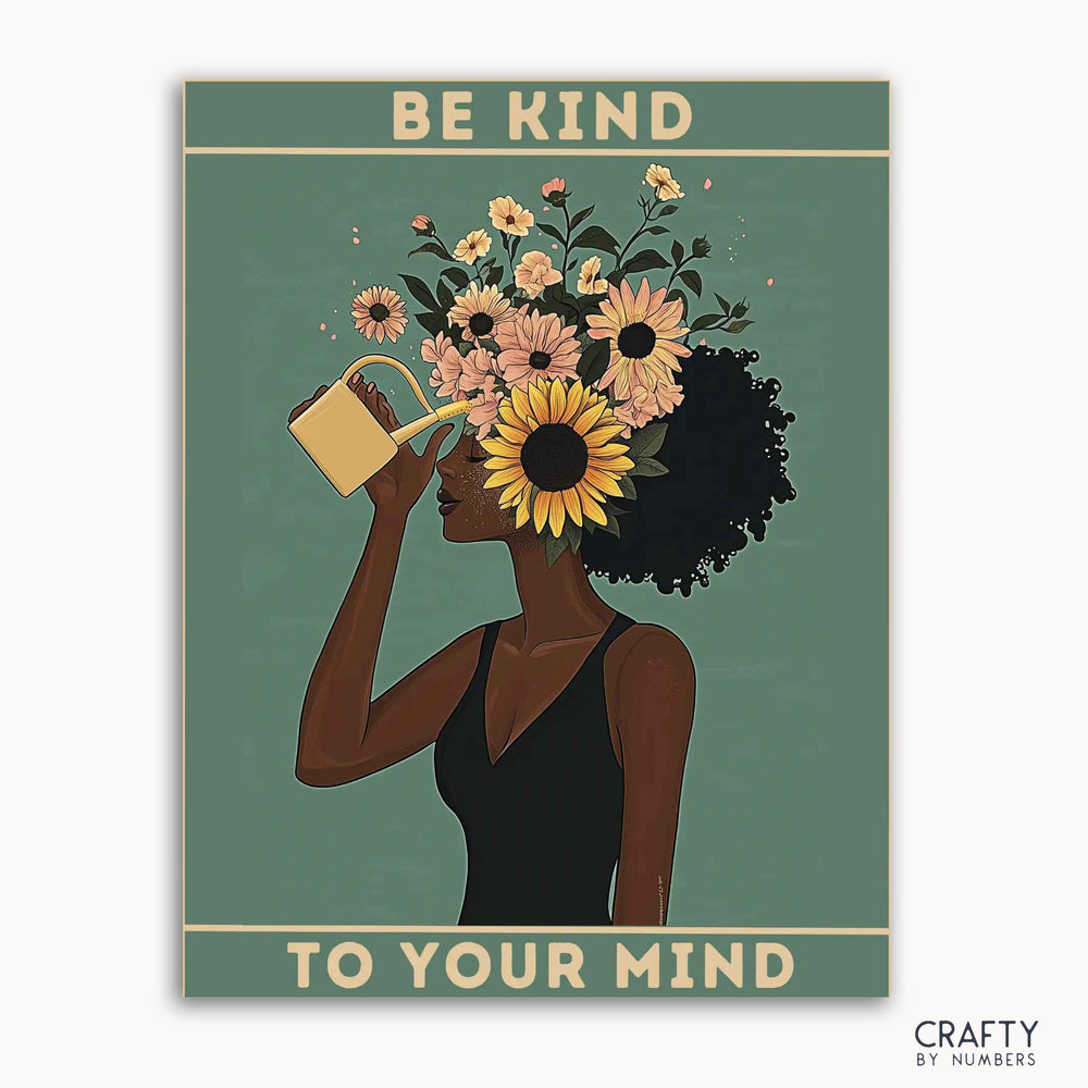 A paint-by-numbers kit depicting a woman with sunflowers and wildflowers in her hair, with the text 'BE KIND TO YOUR MIND' on a blue background.