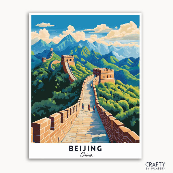 A paint by numbers kit depicting the Great Wall of China in Beijing, with a bright blue sky and green mountains in the background.