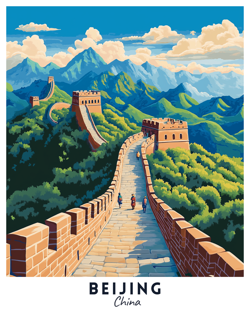 A paint by numbers kit depicting the Great Wall of China in Beijing, with green hills, mountains, and a blue sky in the background.