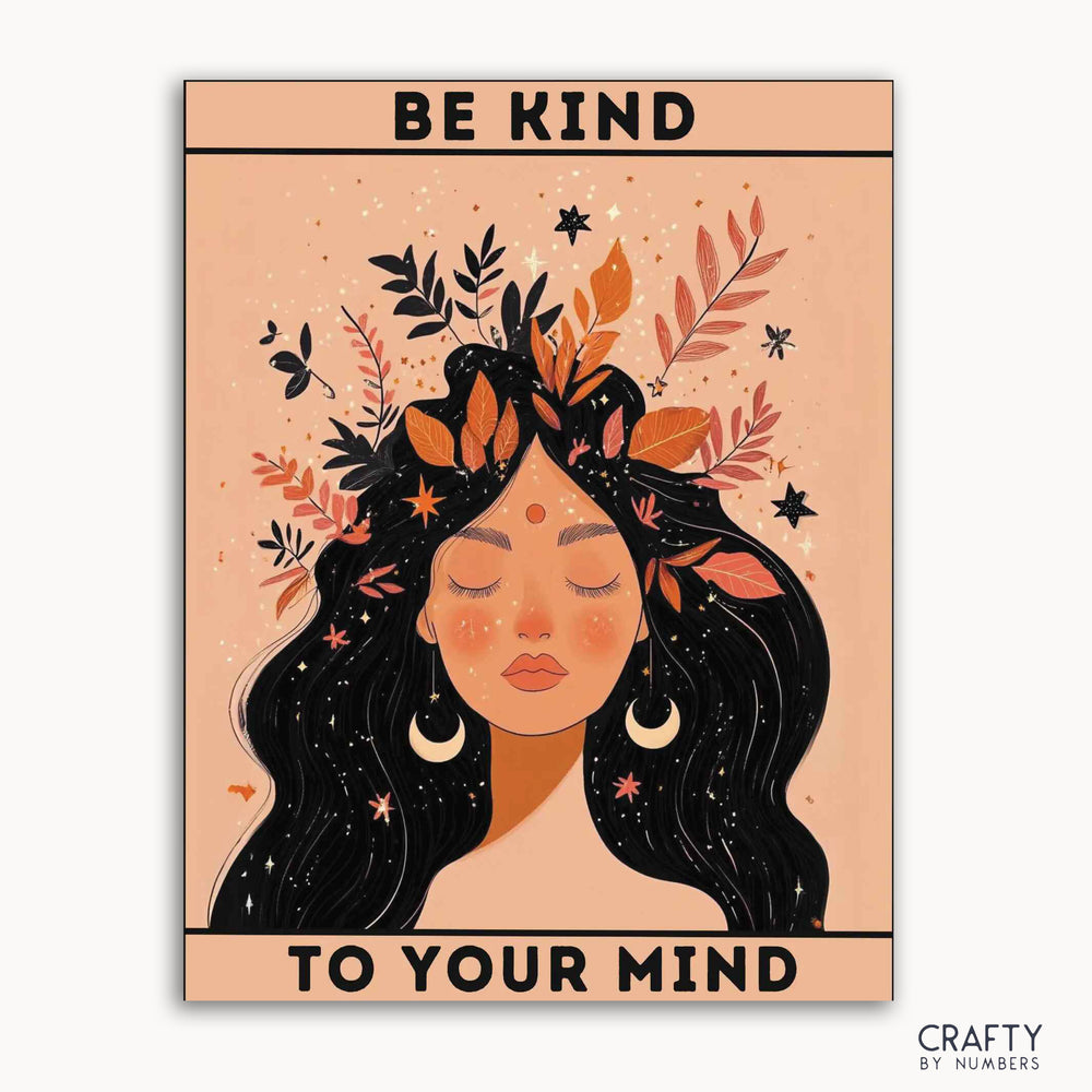 A paint-by-numbers kit depicting a woman with celestial symbols in her hair, surrounded by autumn leaves, stars, and blooms, with the text 'BE KIND TO YOUR MIND' at the top.
