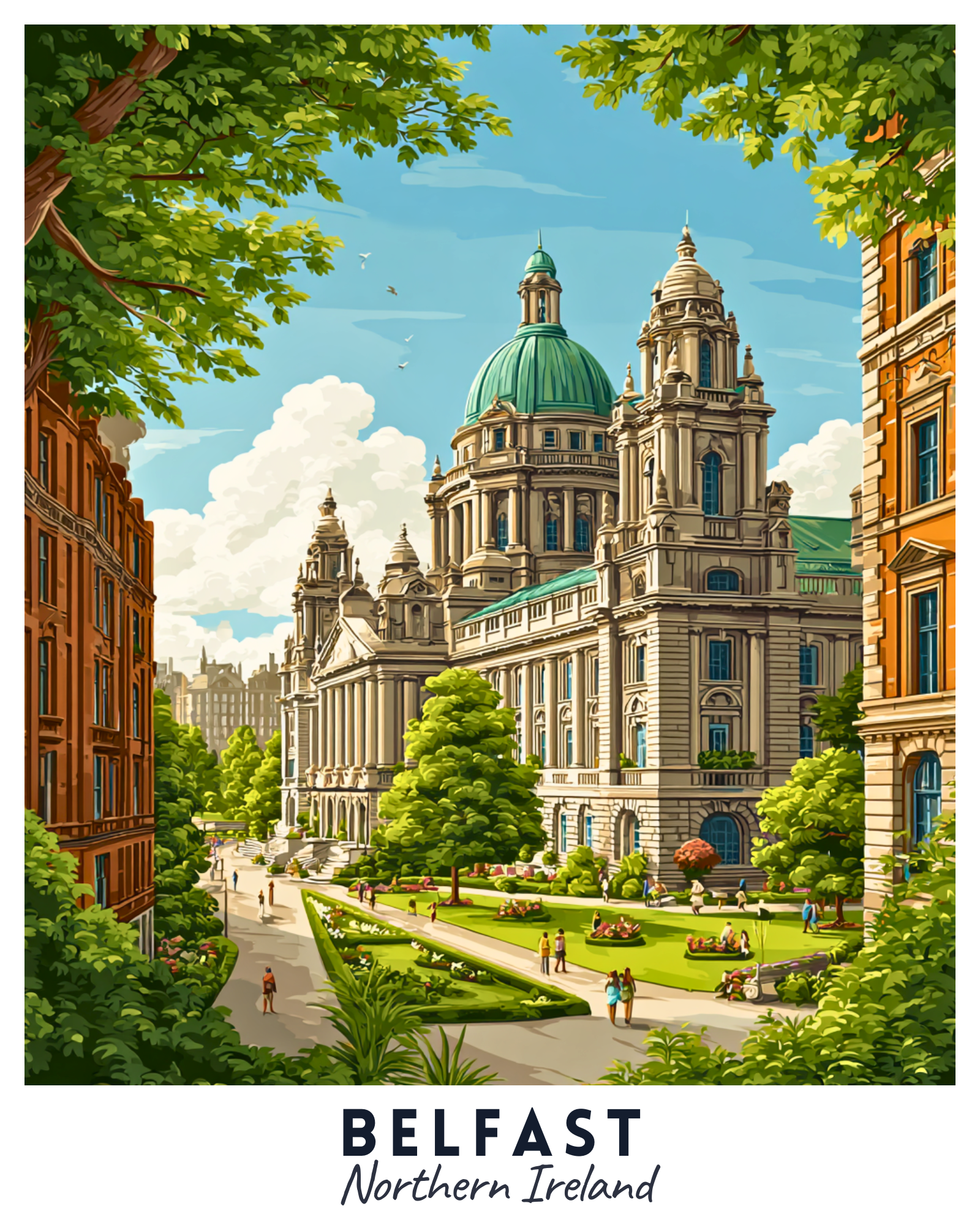 Illustration of a large building in Belfast, Northern Ireland, surrounded by trees and greenery.