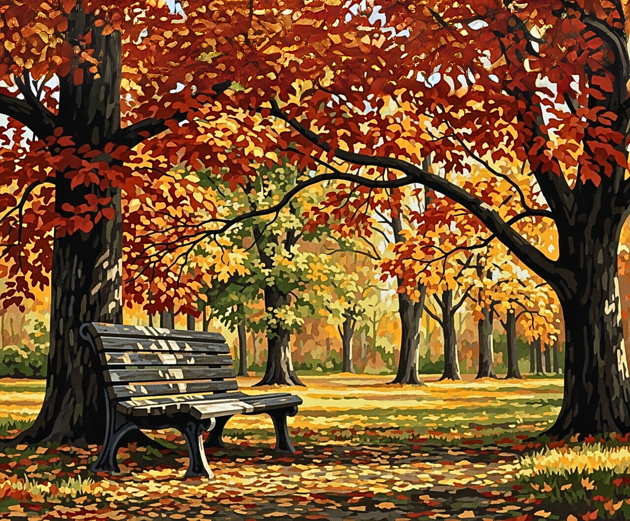 Autumn scene with a bench under a canopy of red and orange leaves.