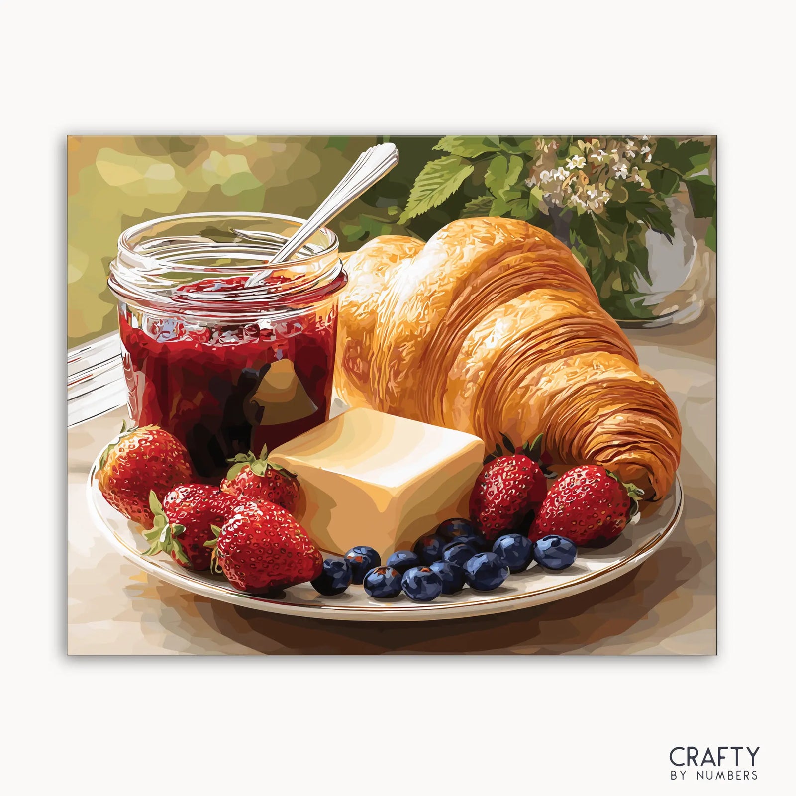 A painting kit representation of a buttery croissant, vibrant berries, and a jar of jam with a slice of butter and a spoon, set on a plate with a background of greenery.