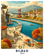 Illustration of Bilbao, Spain with a river, bridge, and modern architecture.