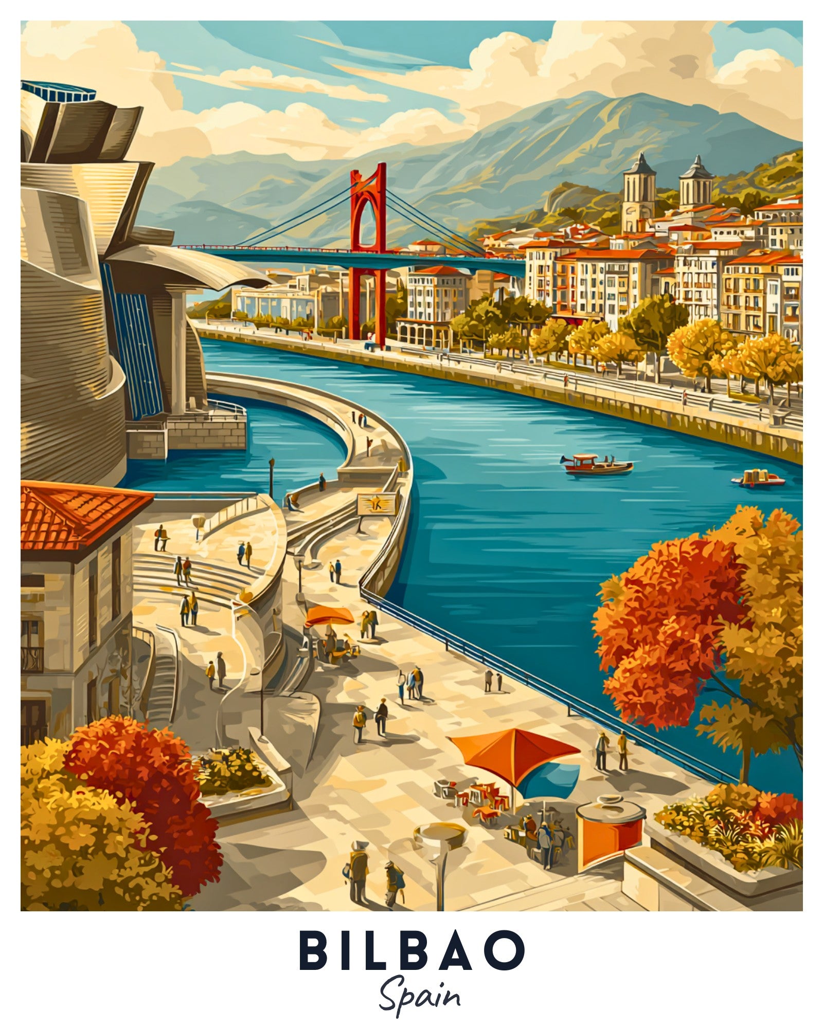 Illustration of Bilbao, Spain with a river, bridge, and modern architecture.