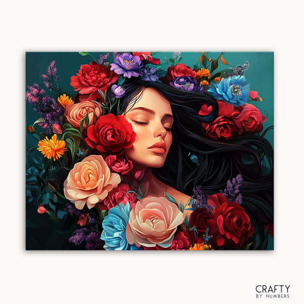 A painting of a woman with closed eyes, surrounded by a variety of vibrant flowers such as roses, with colors predominantly in blue, red, and green.