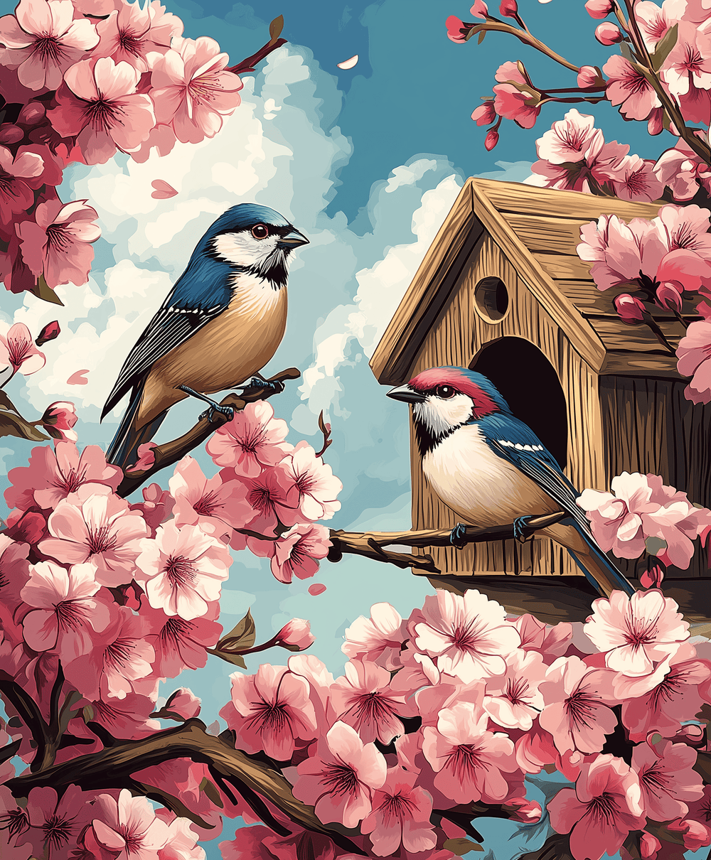 A paint by numbers kit depicting two birds, a birdhouse, and cherry blossoms with a blue sky in the background.