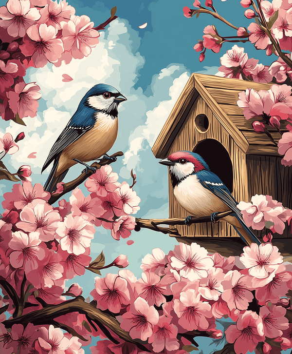 A paint by numbers kit depicting two birds, a birdhouse, and cherry blossoms with a blue sky in the background.