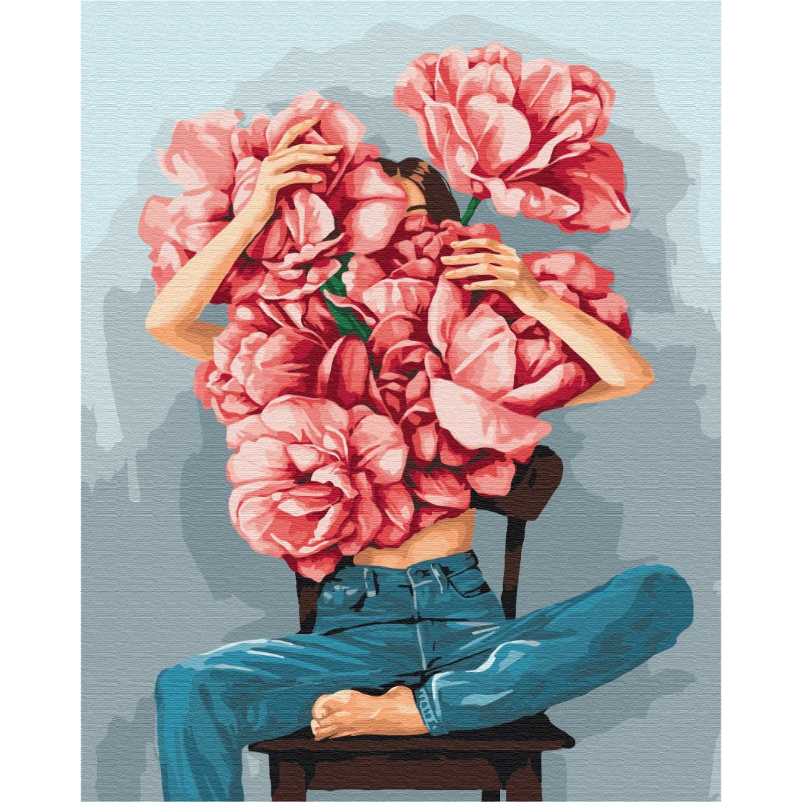 Imagen de un kit de pintura por números que muestra a una persona con flores cubriendo su rostro, dejando solo los ojos visibles.