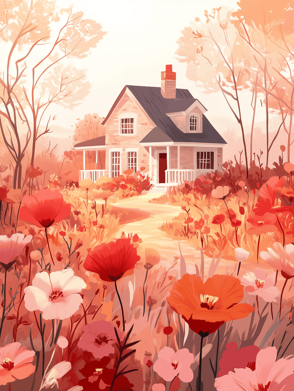 A paint-by-numbers kit depicting a cottage surrounded by vibrant flowers in various shades of red, pink, and orange.