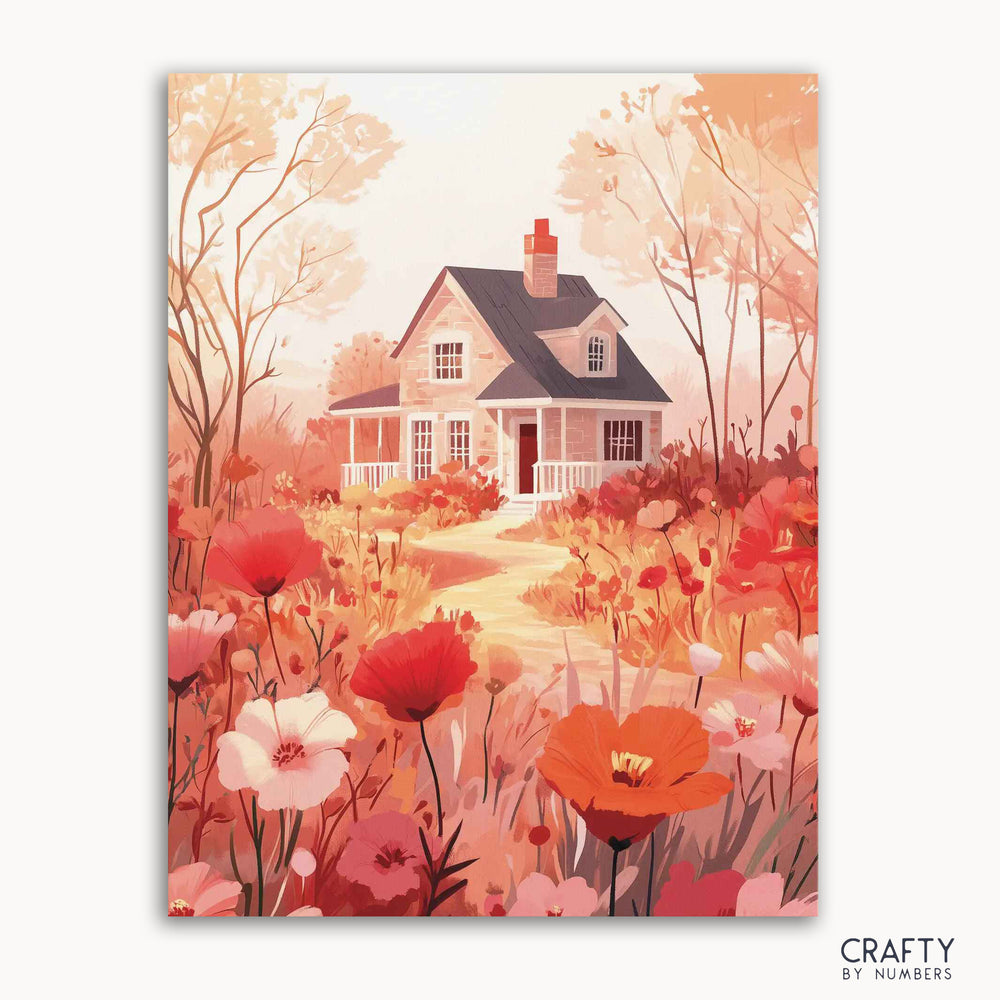 A paint-by-numbers kit depicting a cottage surrounded by vibrant flowers and trees, with a 'Crafty by Numbers' logo at the bottom.