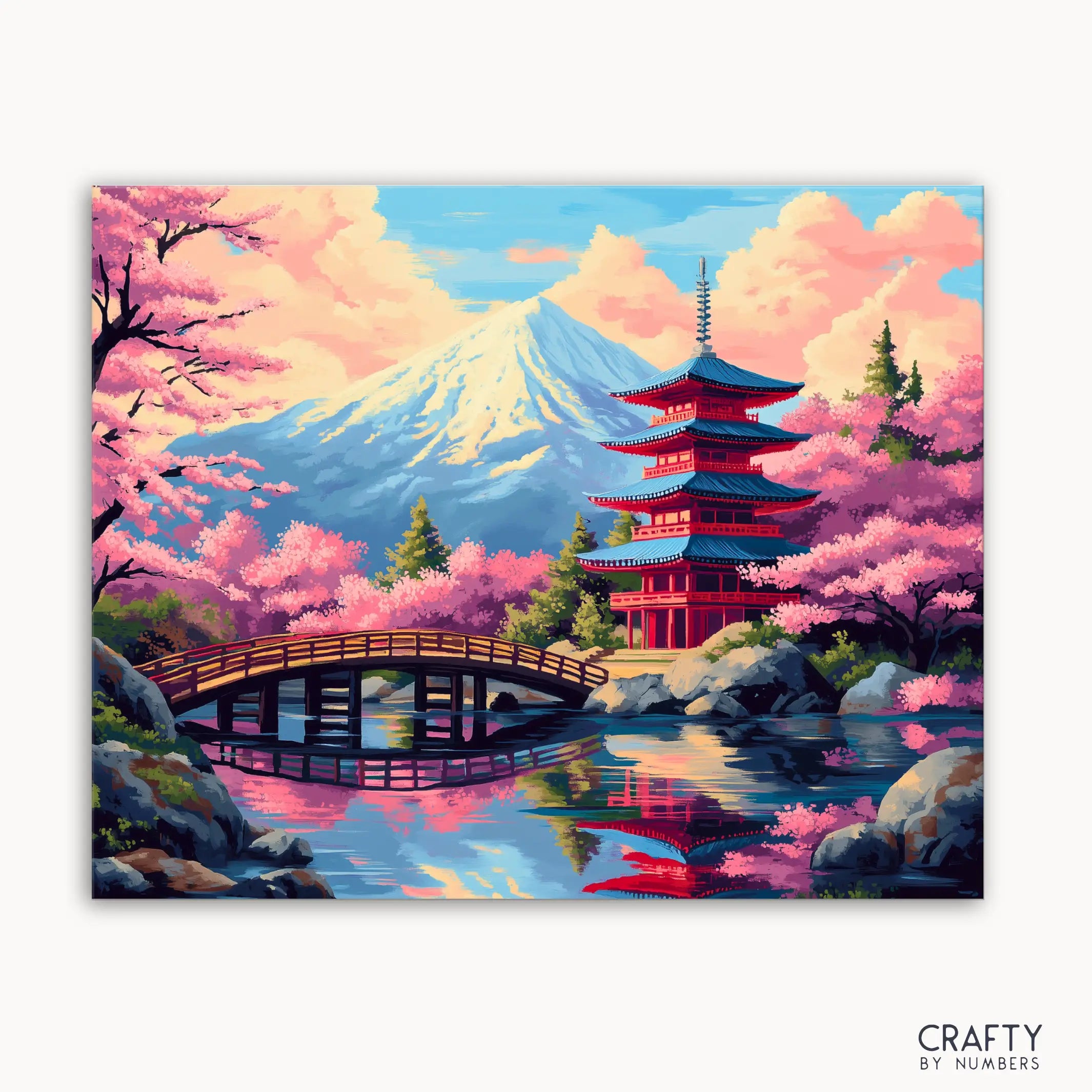 A paint by numbers kit depicting a Japanese garden scene with cherry blossoms, a red pagoda, and Mt. Fuji in the background.