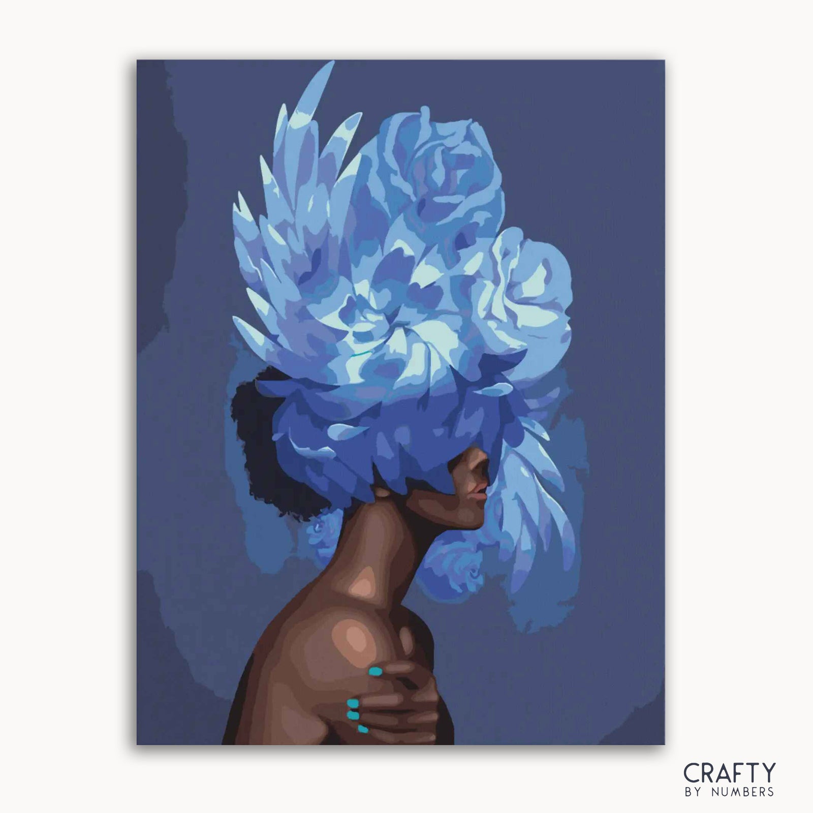 A paint-by-numbers kit depicting a figure with a blue floral arrangement as a hat, with segments marked for painting.