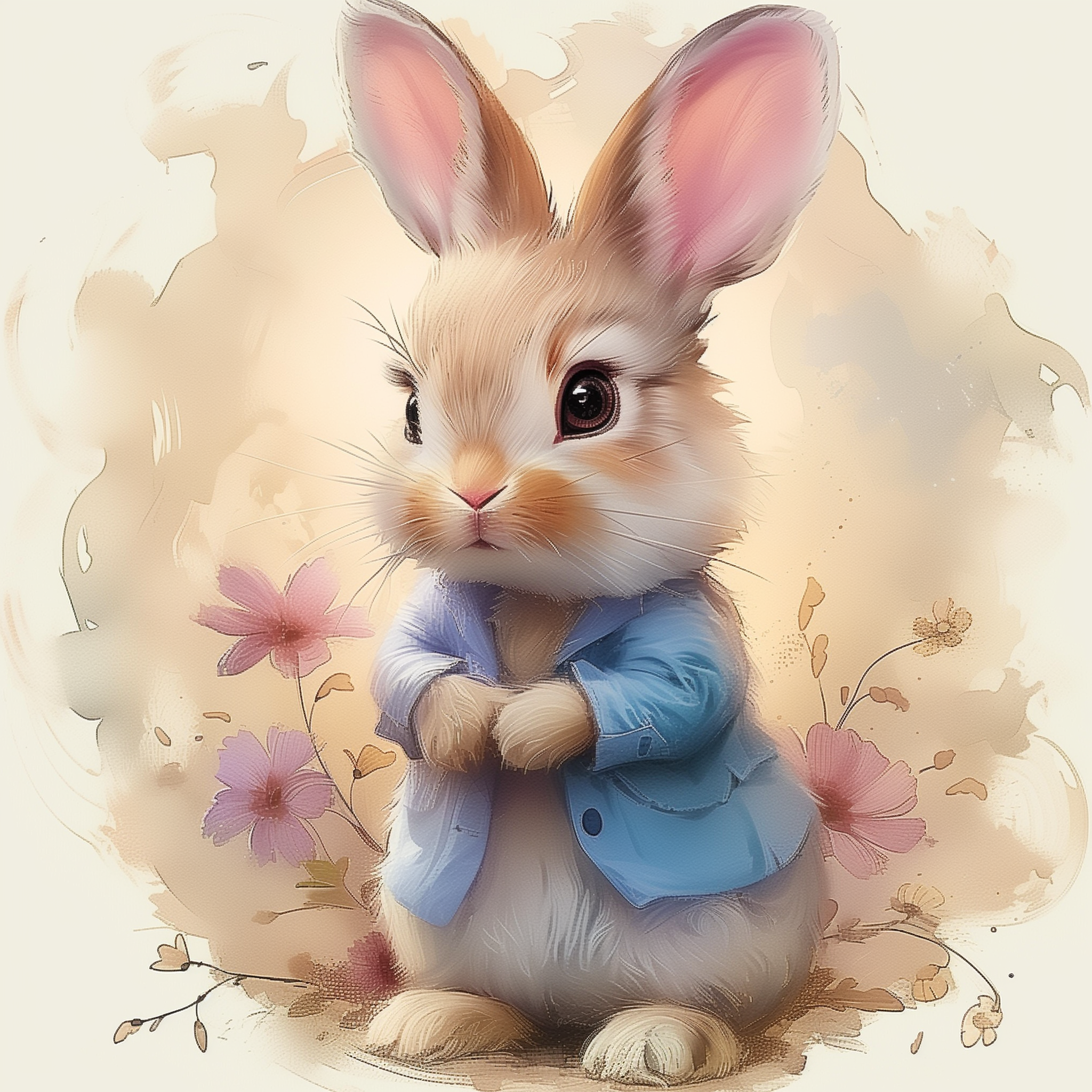 A paint by numbers kit depicting a cute bunny with a blue jacket surrounded by flowers.