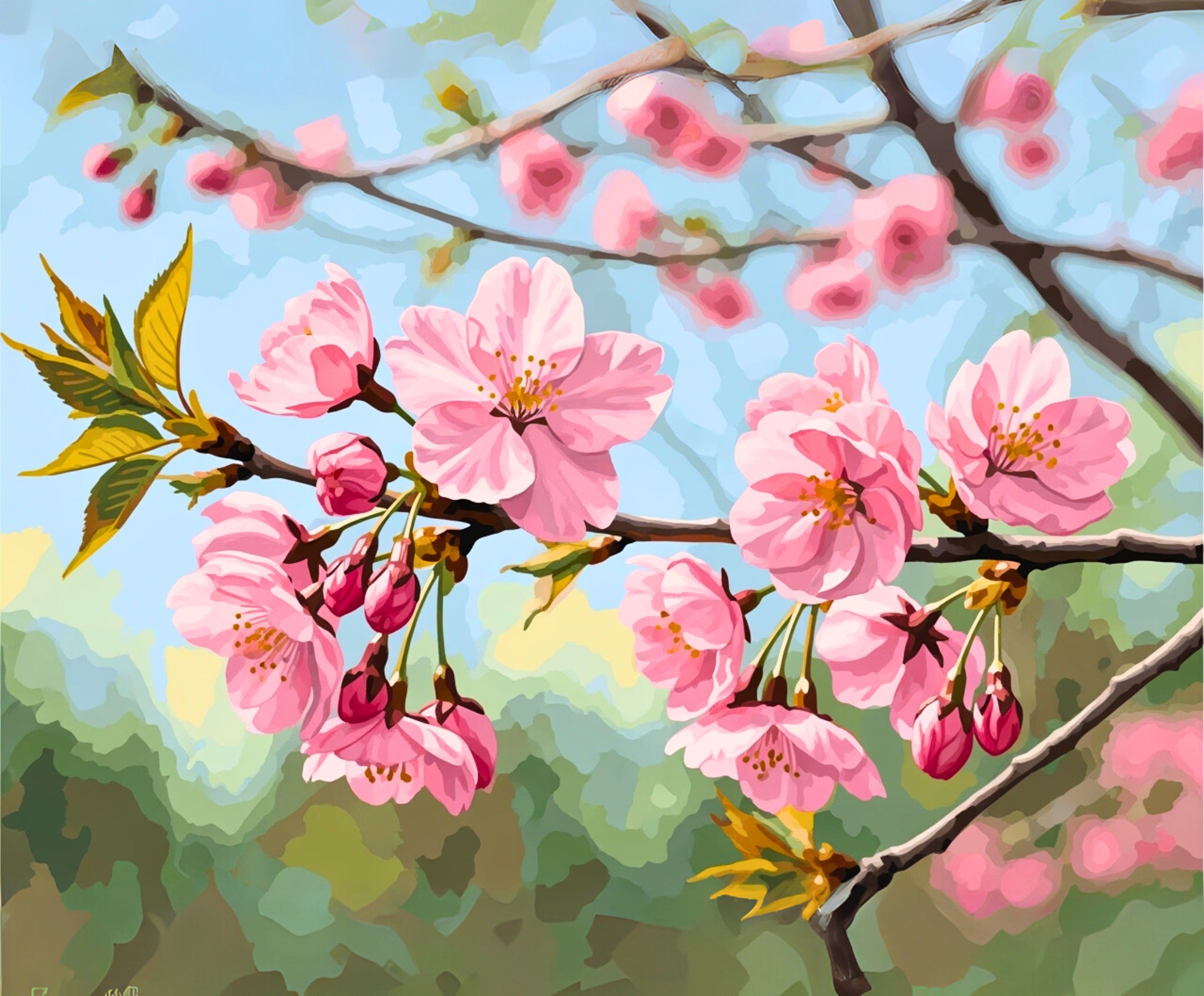 Painting of pink cherry blossoms on a branch with a blurred background