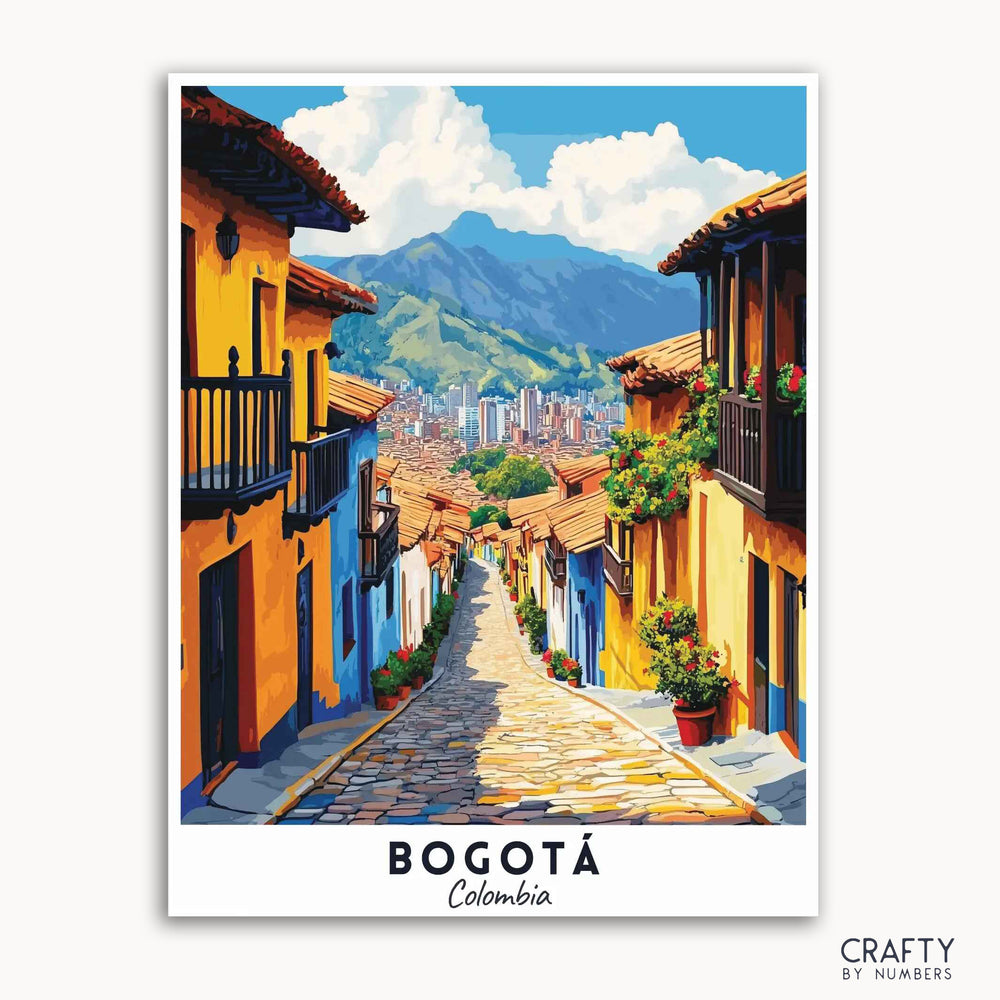A travel poster depicting the colorful streets of Bogotá, Colombia with colonial houses and Andean mountains in the background.
