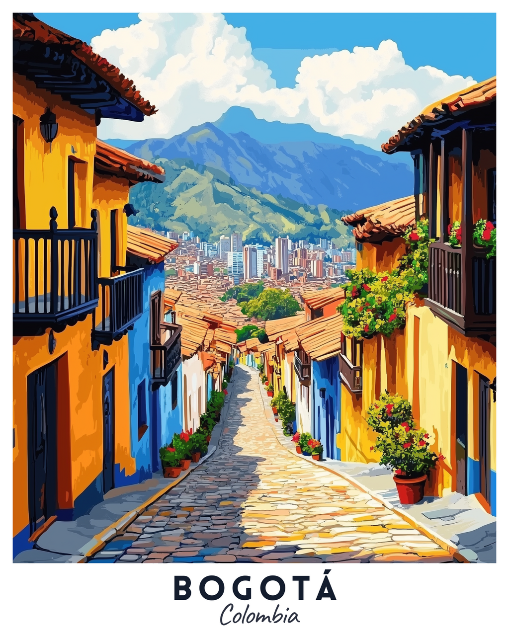A vibrant travel poster depicting a colorful street scene in Bogotá, Colombia, with the Andes mountains in the background.