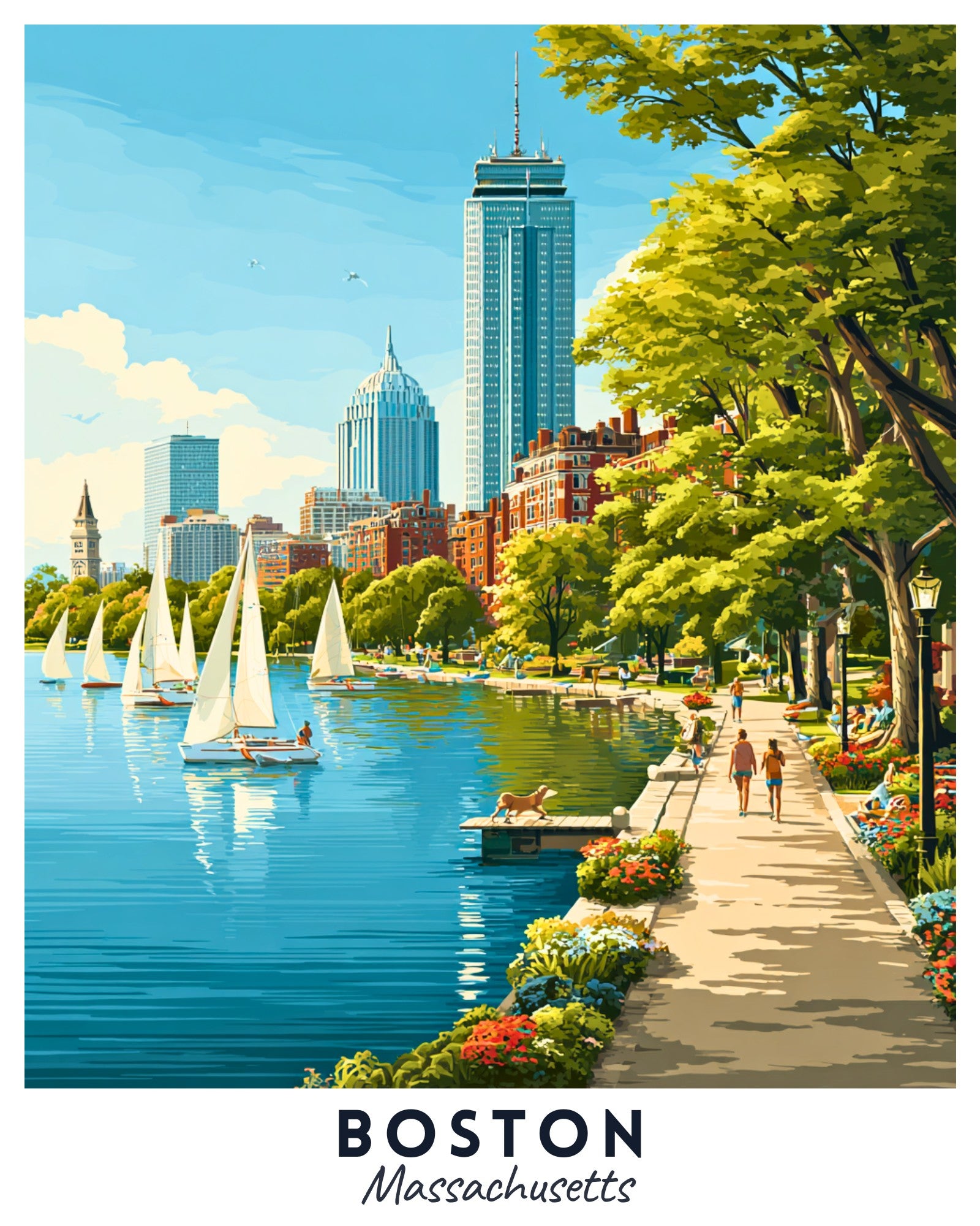 Cityscape of Boston with sailboats on the water and people walking along a path.