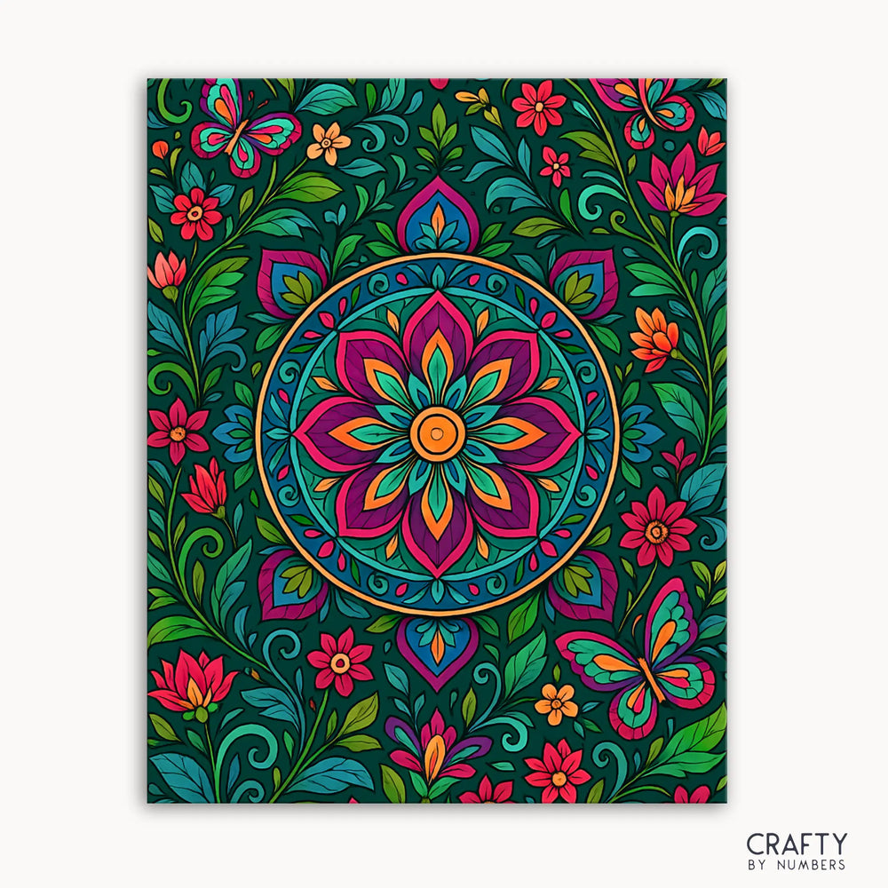 Botanic Bliss Mandala Paint by Numbers kit featuring a vibrant floral mandala with colorful flowers, butterflies, and intricate garden-inspired patterns