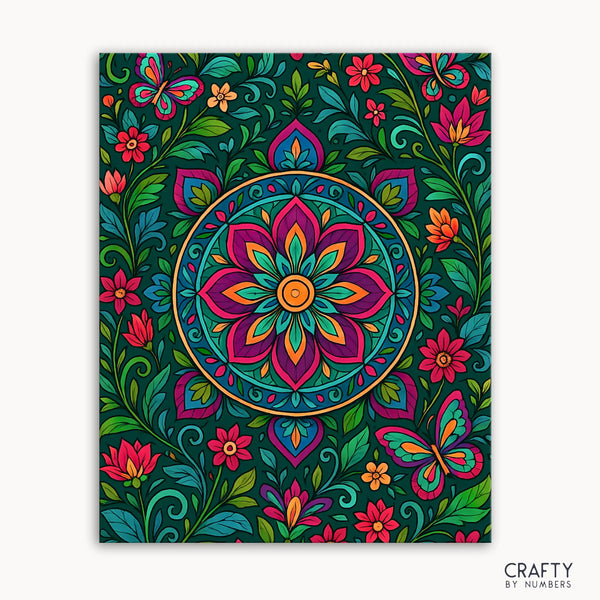 Botanic Bliss Mandala Paint by Numbers kit featuring a vibrant floral mandala with colorful flowers, butterflies, and intricate garden-inspired patterns