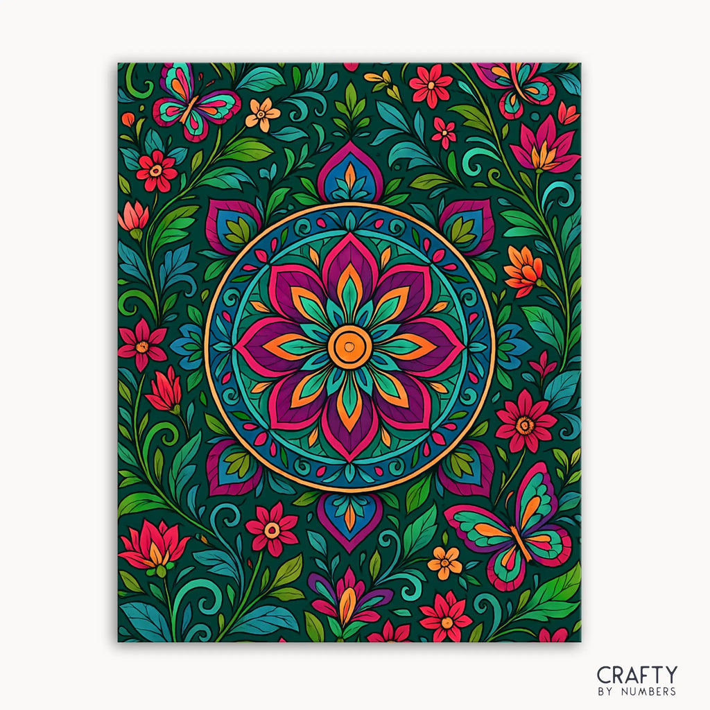 Botanic Bliss Mandala Paint by Numbers kit featuring a vibrant floral mandala with colorful flowers, butterflies, and intricate garden-inspired patterns