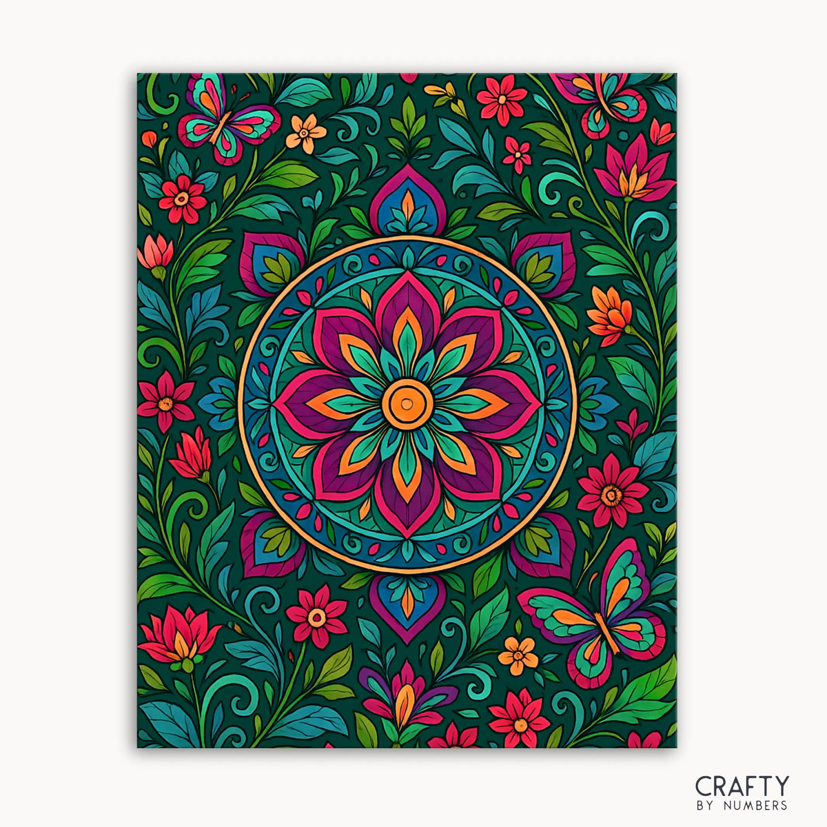 Kit de peinture par numéros Botanic Bliss Mandala comprenant un mandala floral vibrant avec des fleurs colorées, des papillons et des motifs complexes inspirés du jardin.