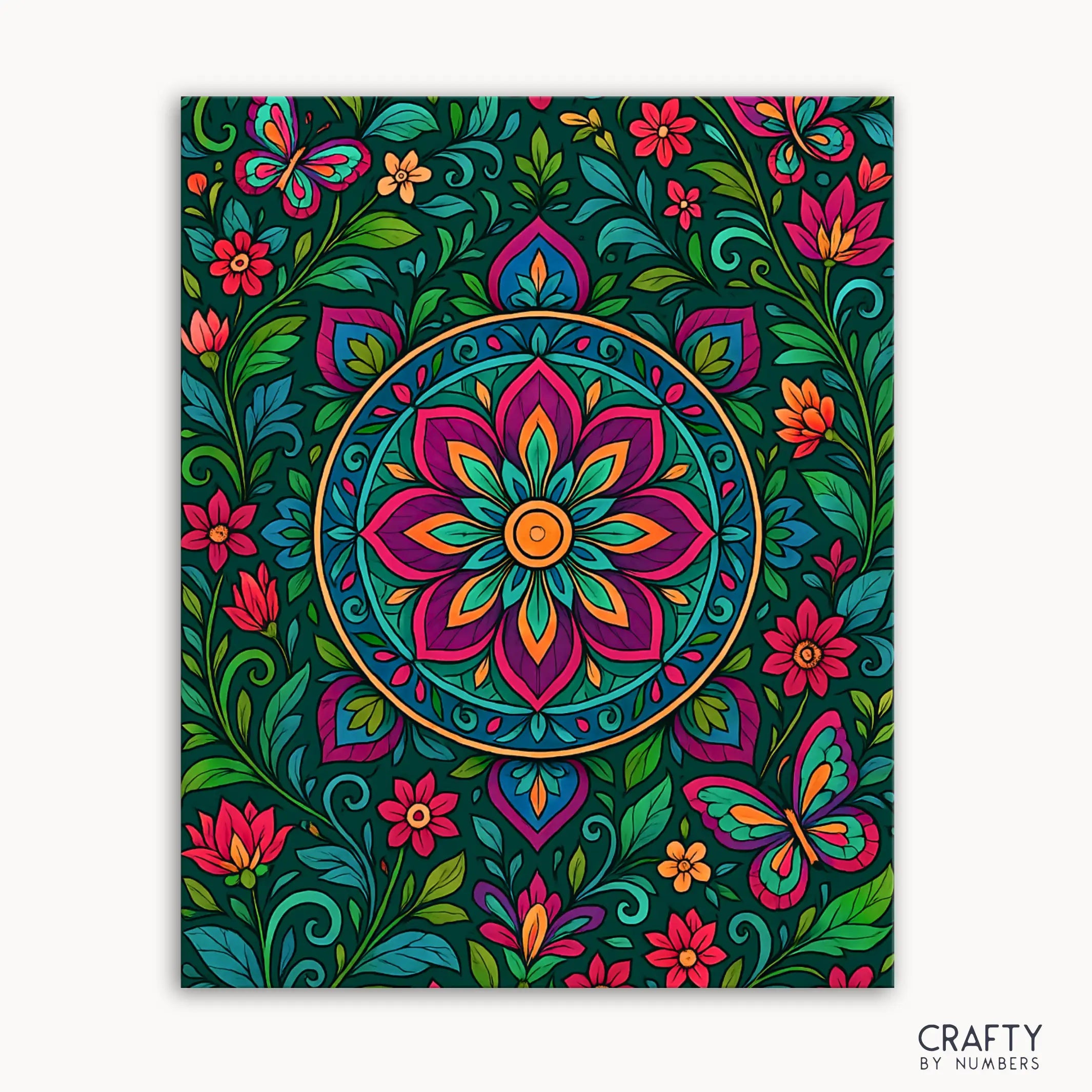 Botanic Bliss Mandala Paint by Numbers kit featuring a vibrant floral mandala with colorful flowers, butterflies, and intricate garden-inspired patterns