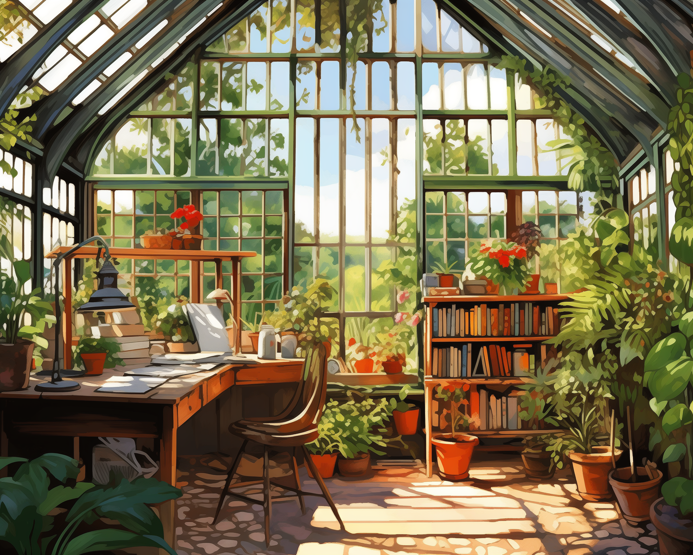 A paint by numbers kit depicting a cozy greenhouse with lush plants and a table with books.