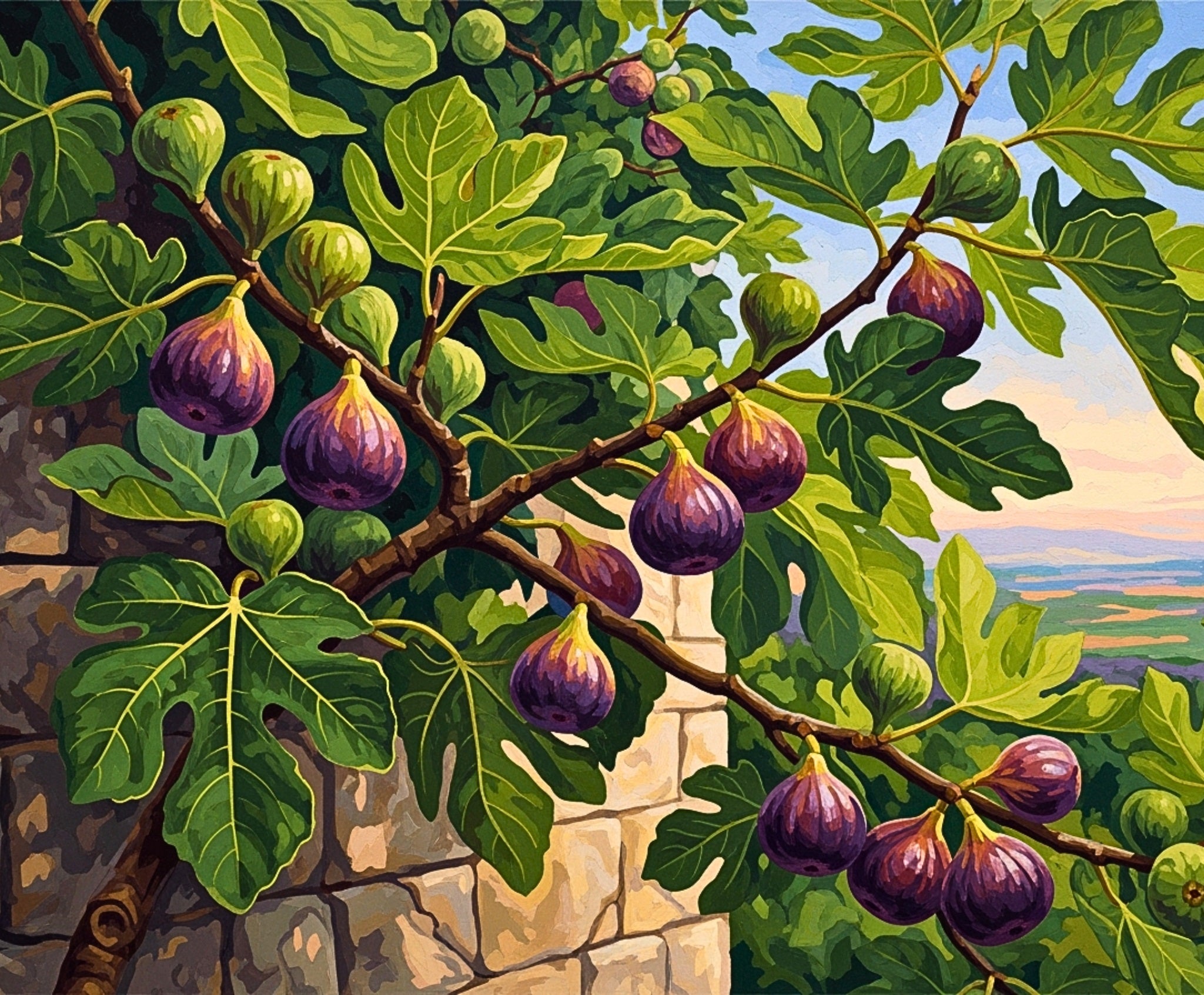 Painting of figs on a branch with a stone wall and landscape in the background
