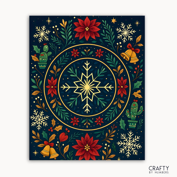 Christmas Mandala Paint by Numbers kit featuring a radiant snowflake centerpiece surrounded by poinsettias, holly, golden bells, and whimsical cacti on a midnight-blue background